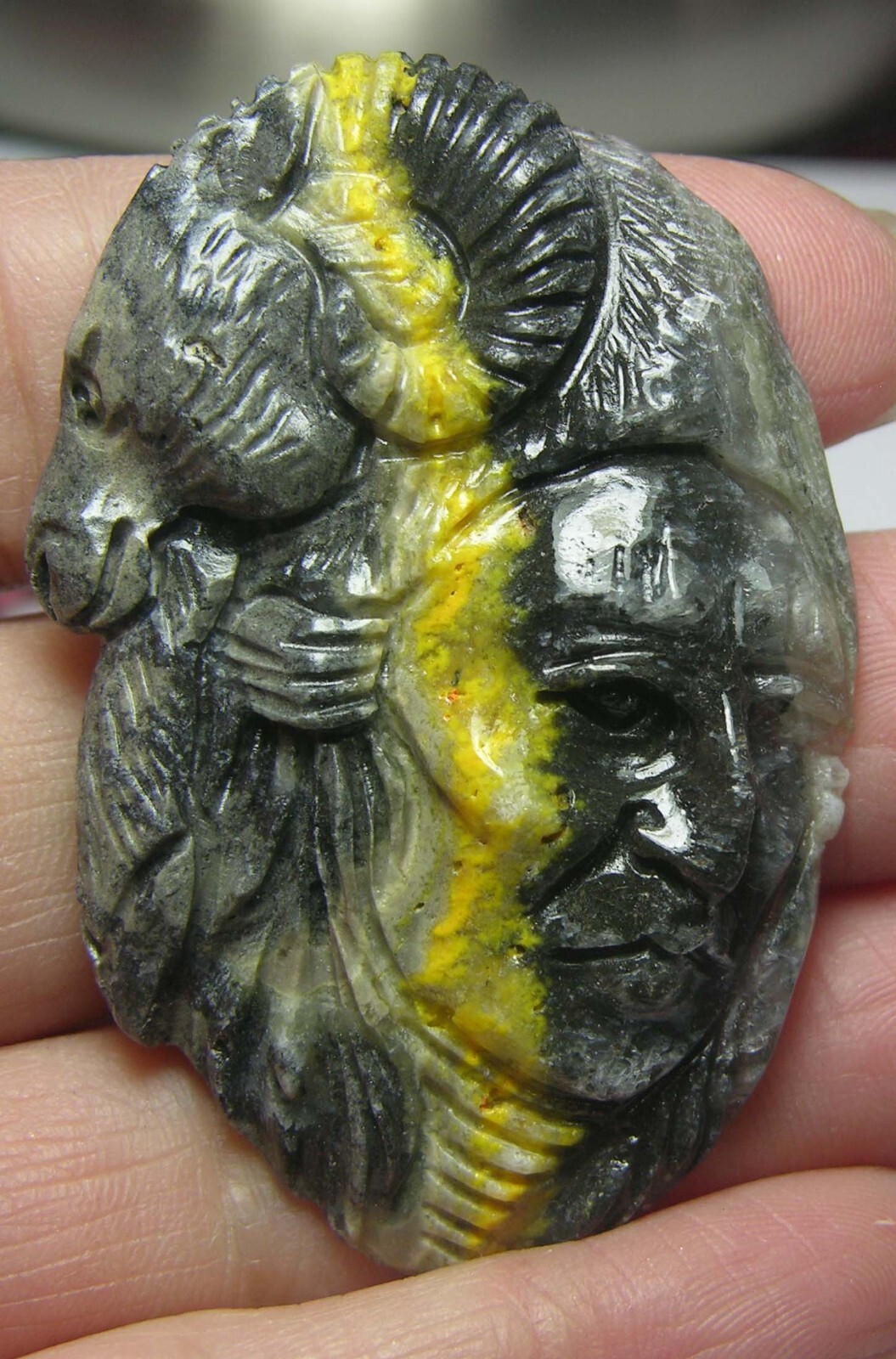 #10 Jasper 95.05ct Hand Carved Indian Bear-Head Carvings Pendant 19.00g 54mm
