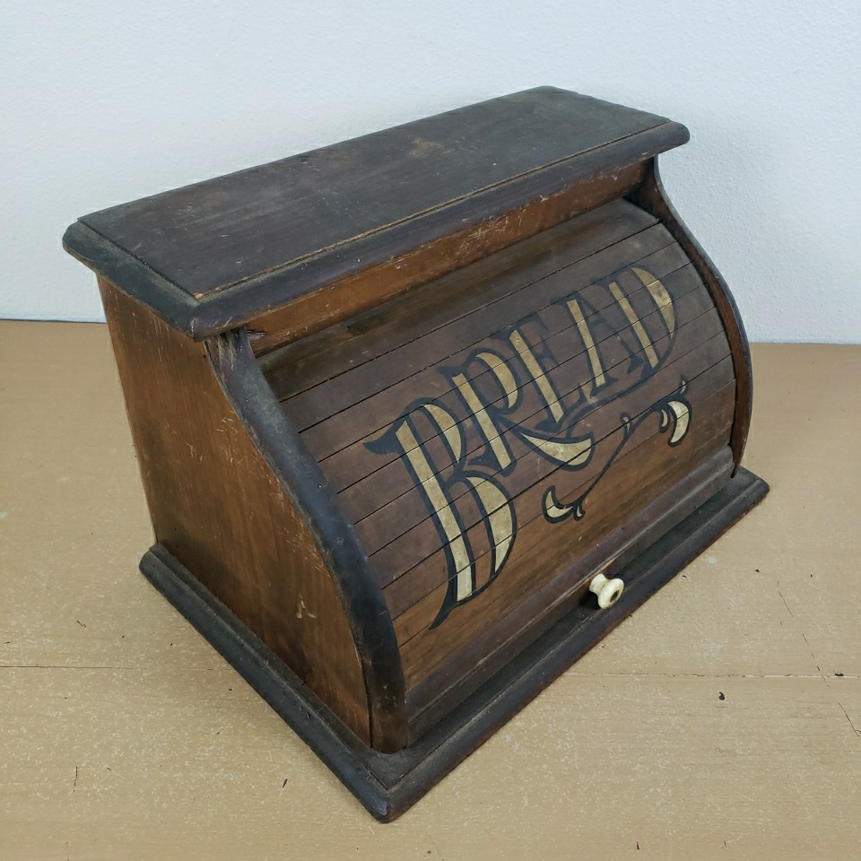 Vintage Roll Top BREAD BOX Storage Primitive Rustic Farmhouse Wood Box