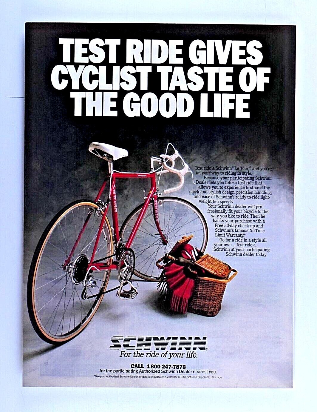 Schwinn Le Tour Vintage 1987 TEST RIDE Original Print Ad 8.5 x 11″