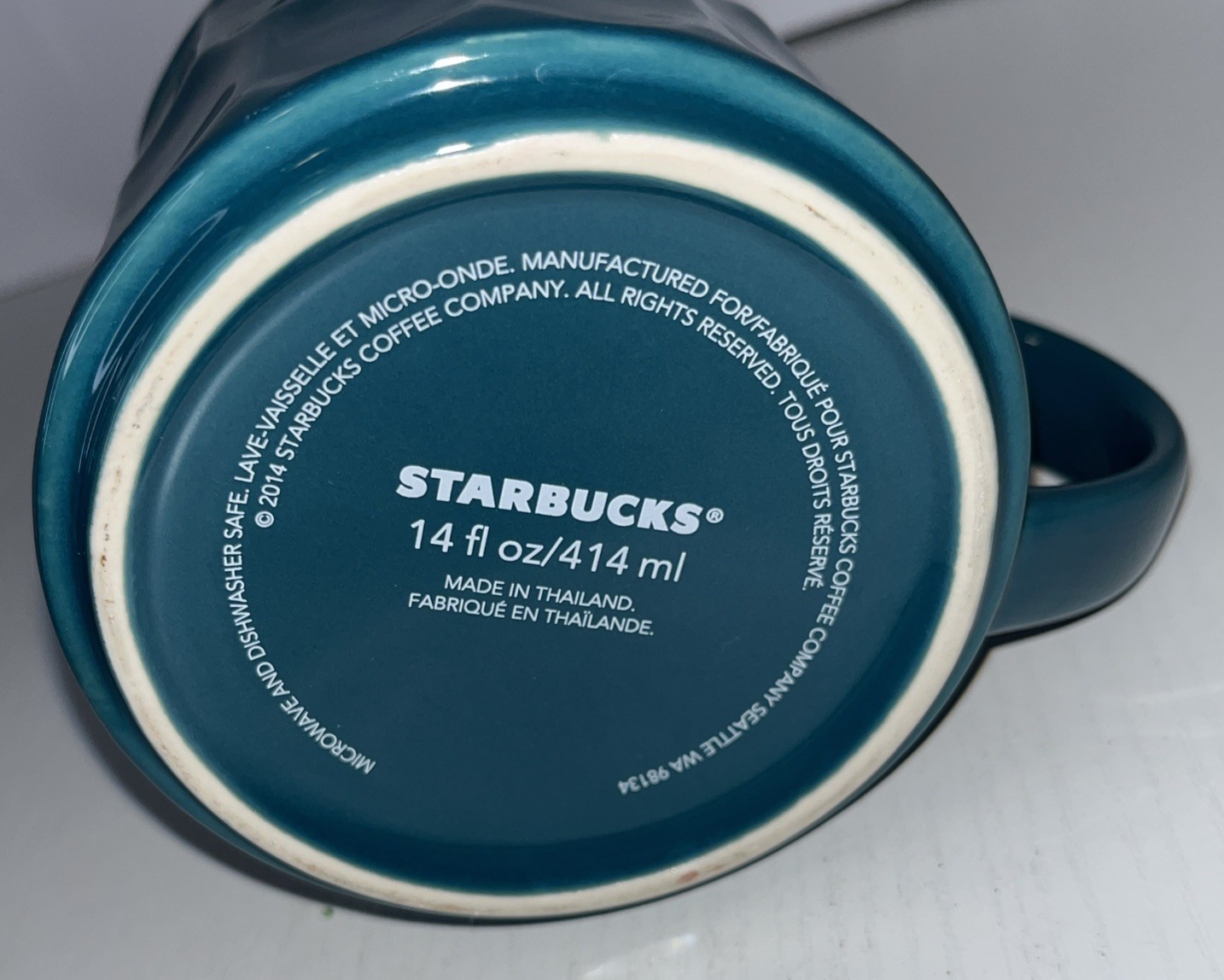 2014 Starbucks Coffee Mug Cup Teal Blue Green Geometric Scalloped Texture 14 oz