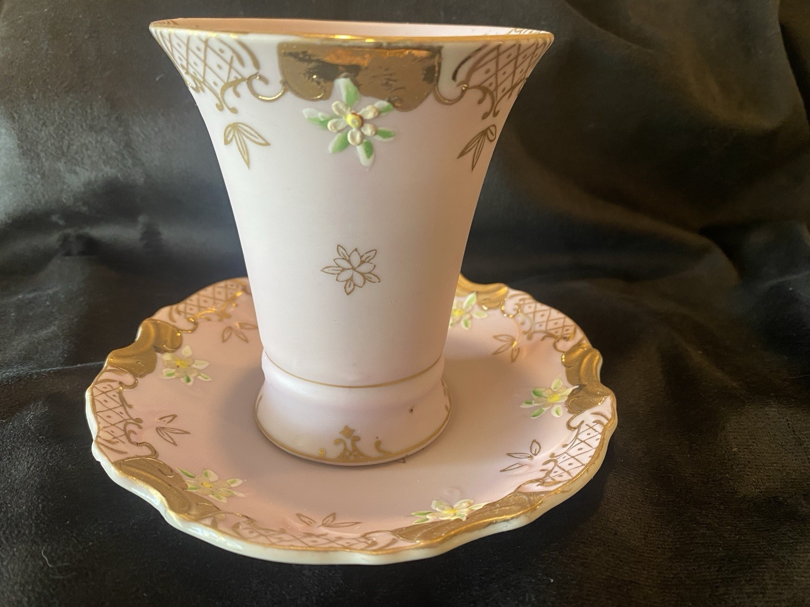Vintage Handleless Cup & Saucer Matte Pale Pink Gold Gilding Raised Flowers