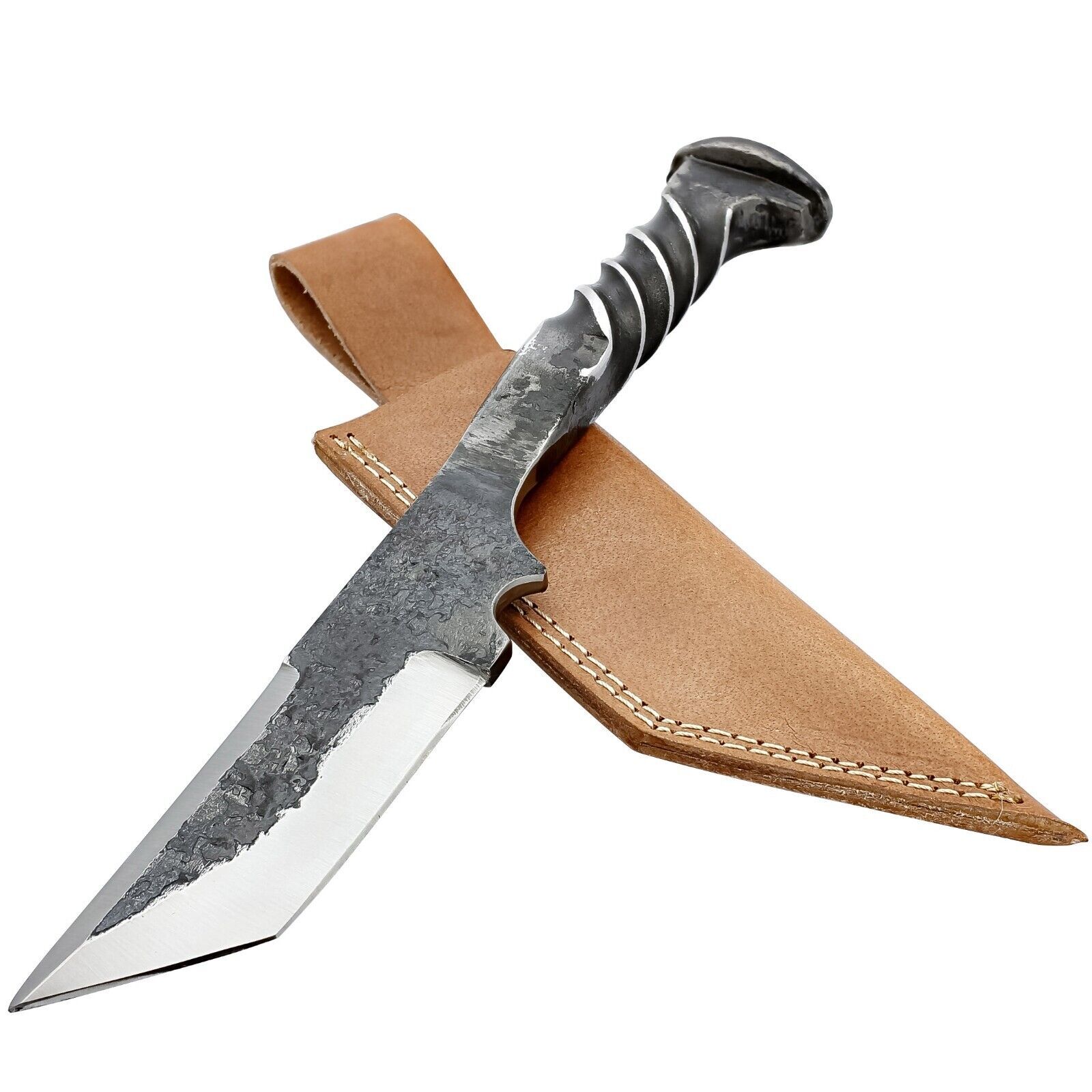 Hunting Camping Outdoor Tanto Full Tang Railroad Spike Knife w/ Leather Sheath