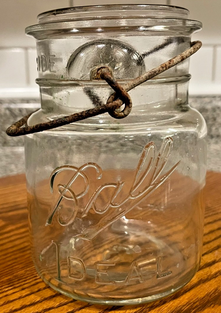 Antique 1 Pt. Ball Ideal Mason Jar Pat’d July, 14 1908 Clear Glass Lid Wire Bail