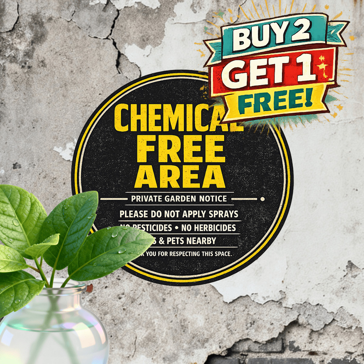 Chemical Free Garden Notice Sign Bold Gardening Metal Wall Plaque