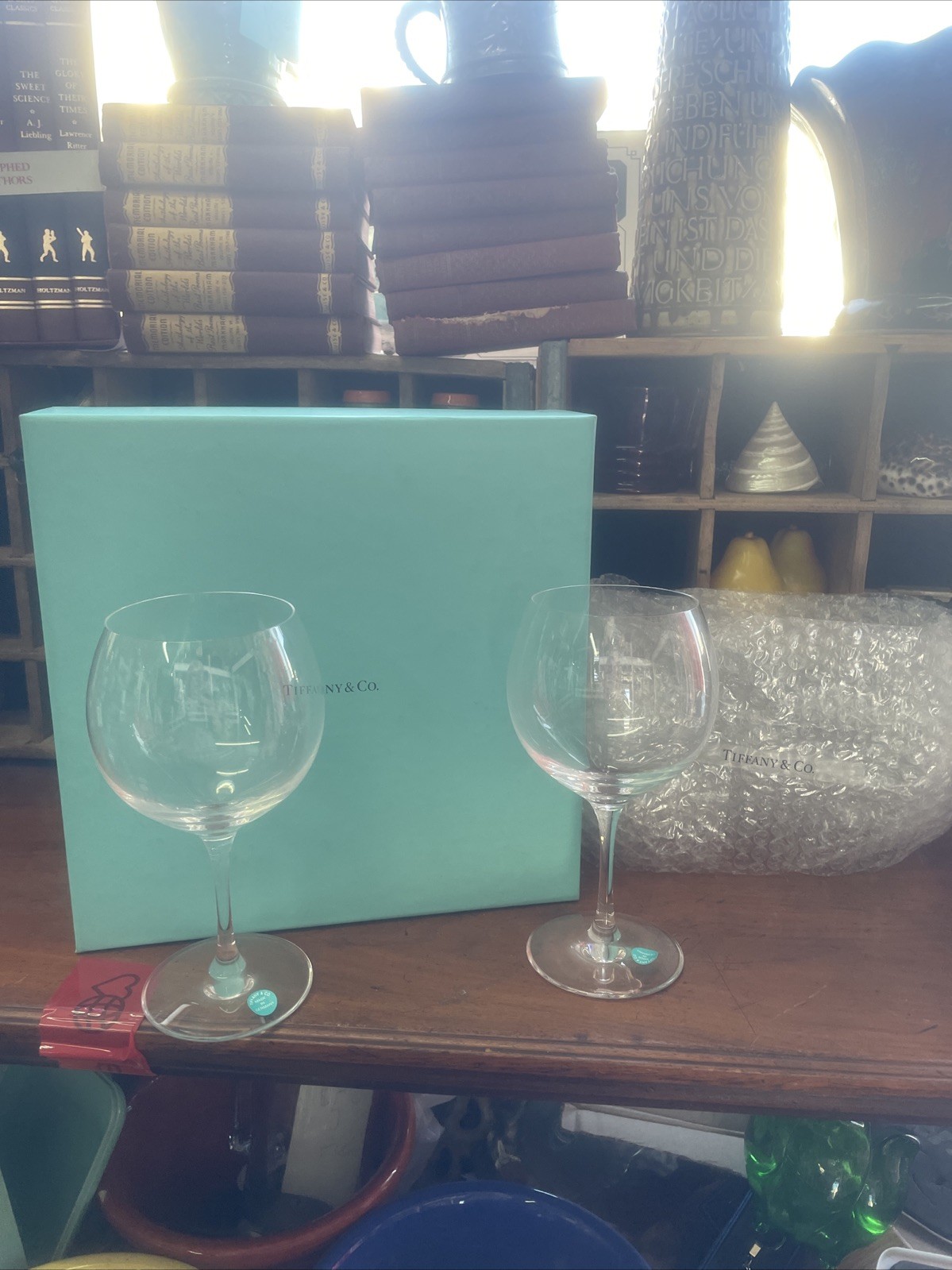 tiffany & Co Home Essentials Clear Red Wine Crystal Goblet Stems New Box Pair