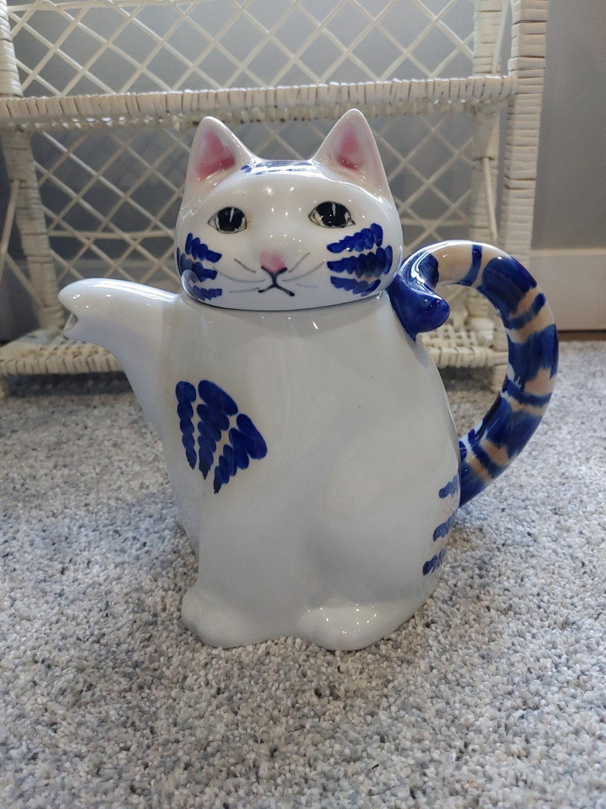 Pier 1 Lucky Cat Teapot Blue Striped Kitty Paw Spout 8.5” Vintage