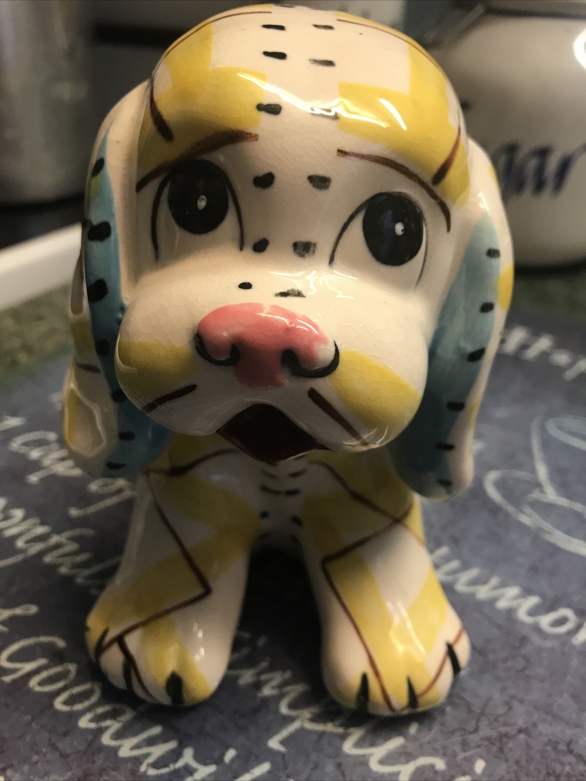 Vintage Japan White Yellow Brown Blue Multicolor Plaid Puppy Dog Planter