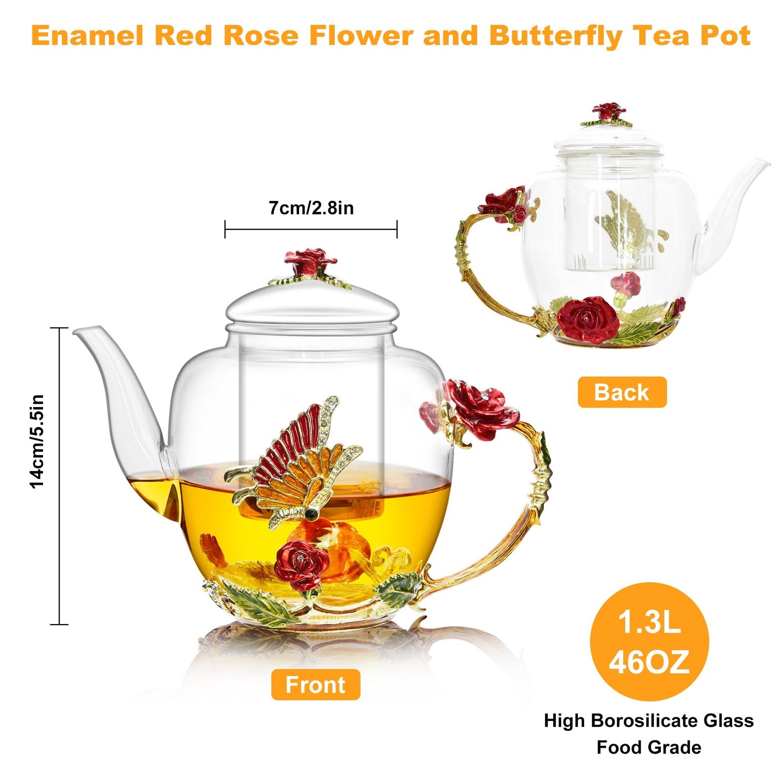 Kaiyuan Dynasty 46Oz/1300Ml Large Enamel Teapot Infuserfloral Glass Teapot Red