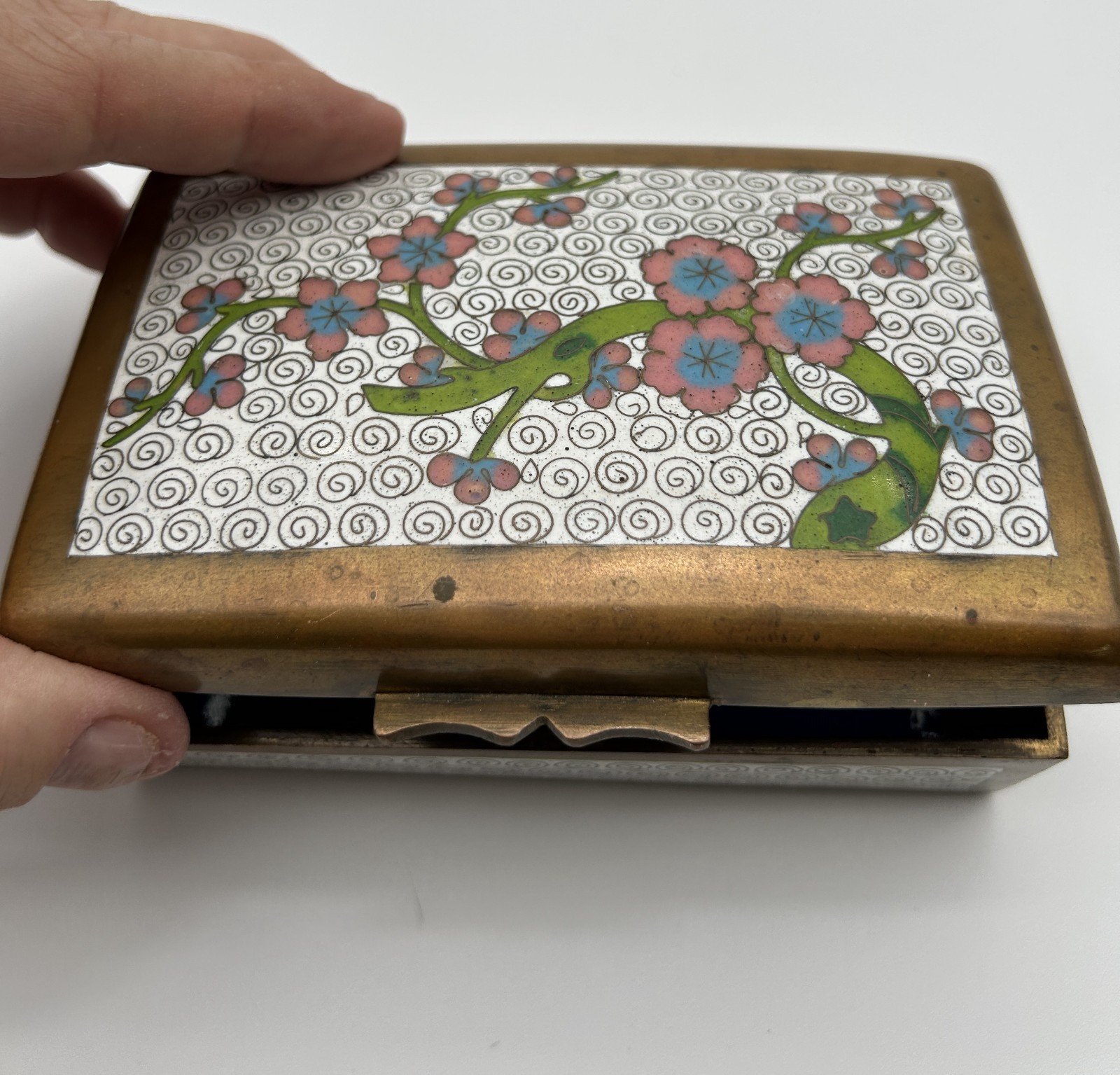 VTG Chinese Cloisonne Enamel Trinket Box Brass Cherry Blossom Divided