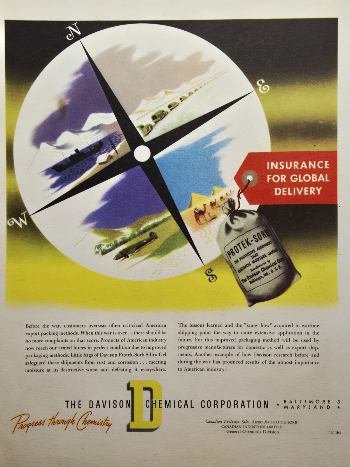 1944 The Davison Chemical Corp Print Ad Protek-Sorb Silica Gel Absorb Moisture