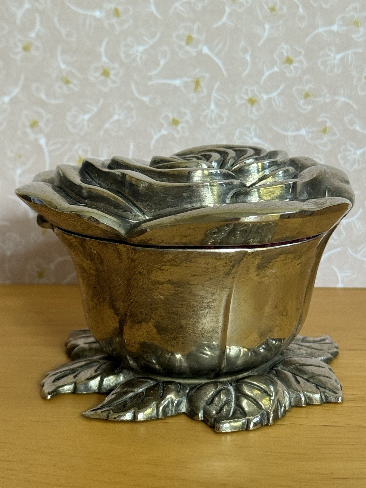 Godinger Silver Plated Rose Trinket Box Red Velvet Lining 4.25 Inch Diameter