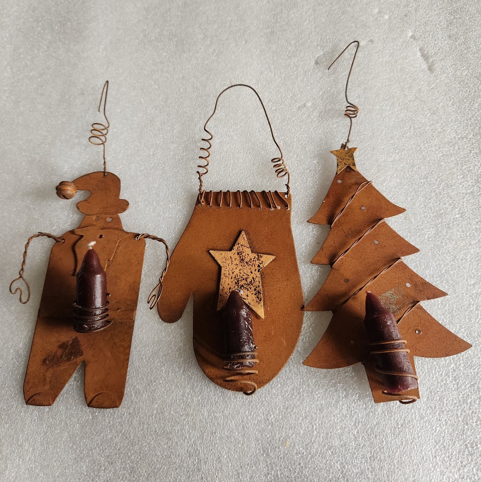 3 Christmas Ornaments Distressed Metal • Mini Candle Holders • Vintage