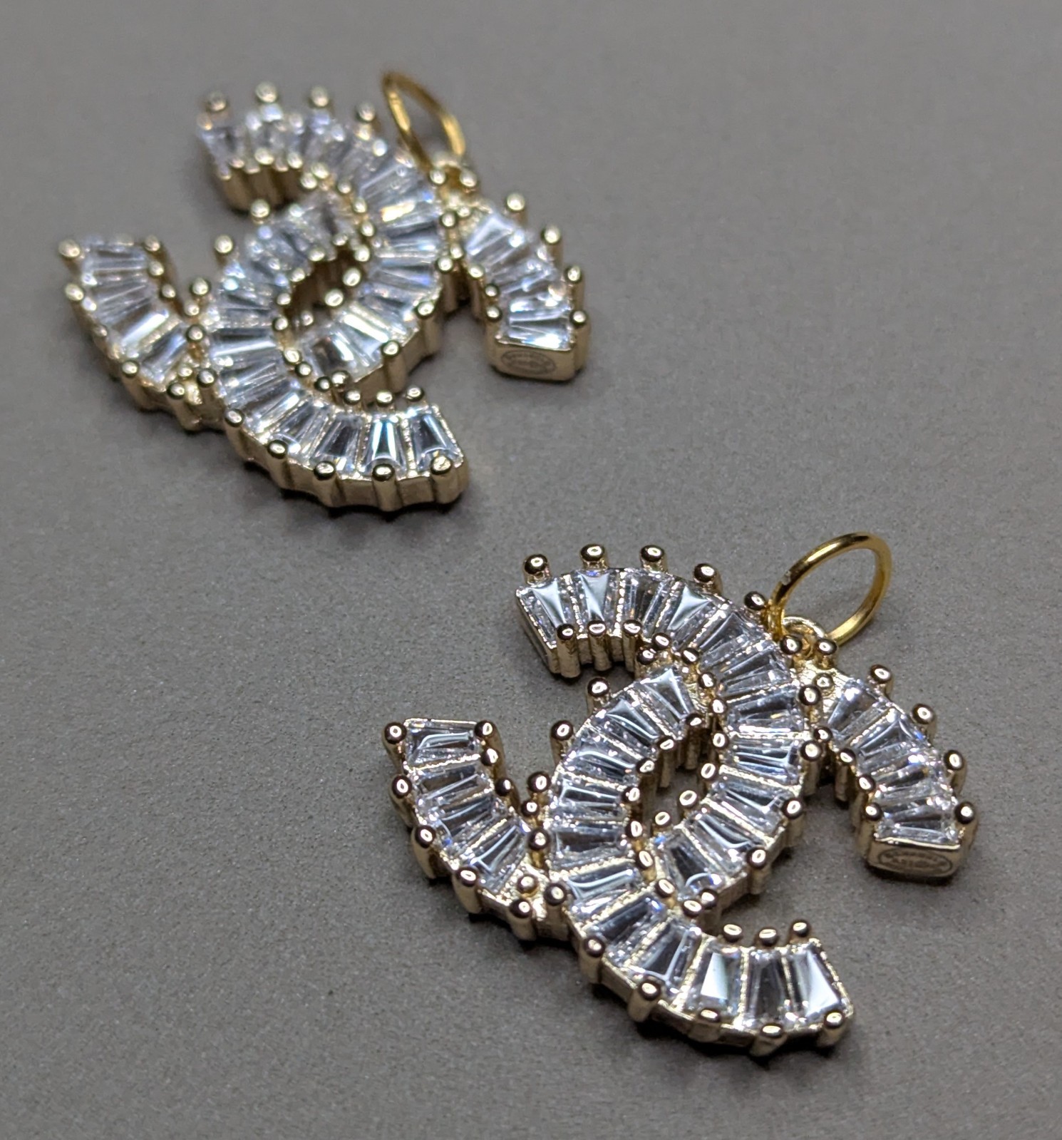 set of Designer Button CC Gold w/ Crystals Zipper Pull 2 pc 22mm x 19mm
