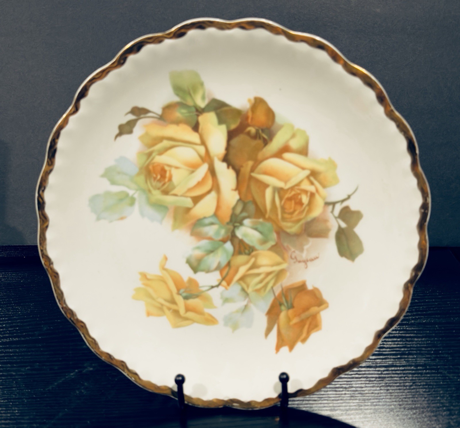 Antique Carnation McNicol 9.5″ Plate White W/ Yellow Flowers Gold USA 1910s