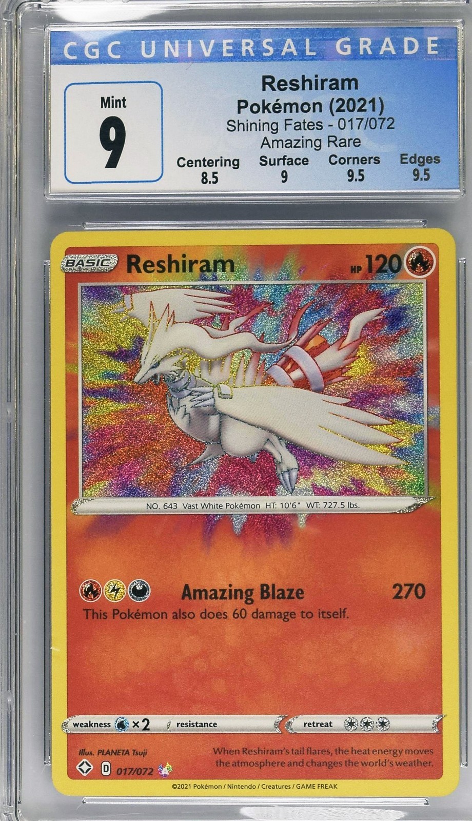 Pokemon CGC 9 RESHIRAM 017/072 – SWSH SHINING FATES – RARE HOLO – CGC 9 MINT