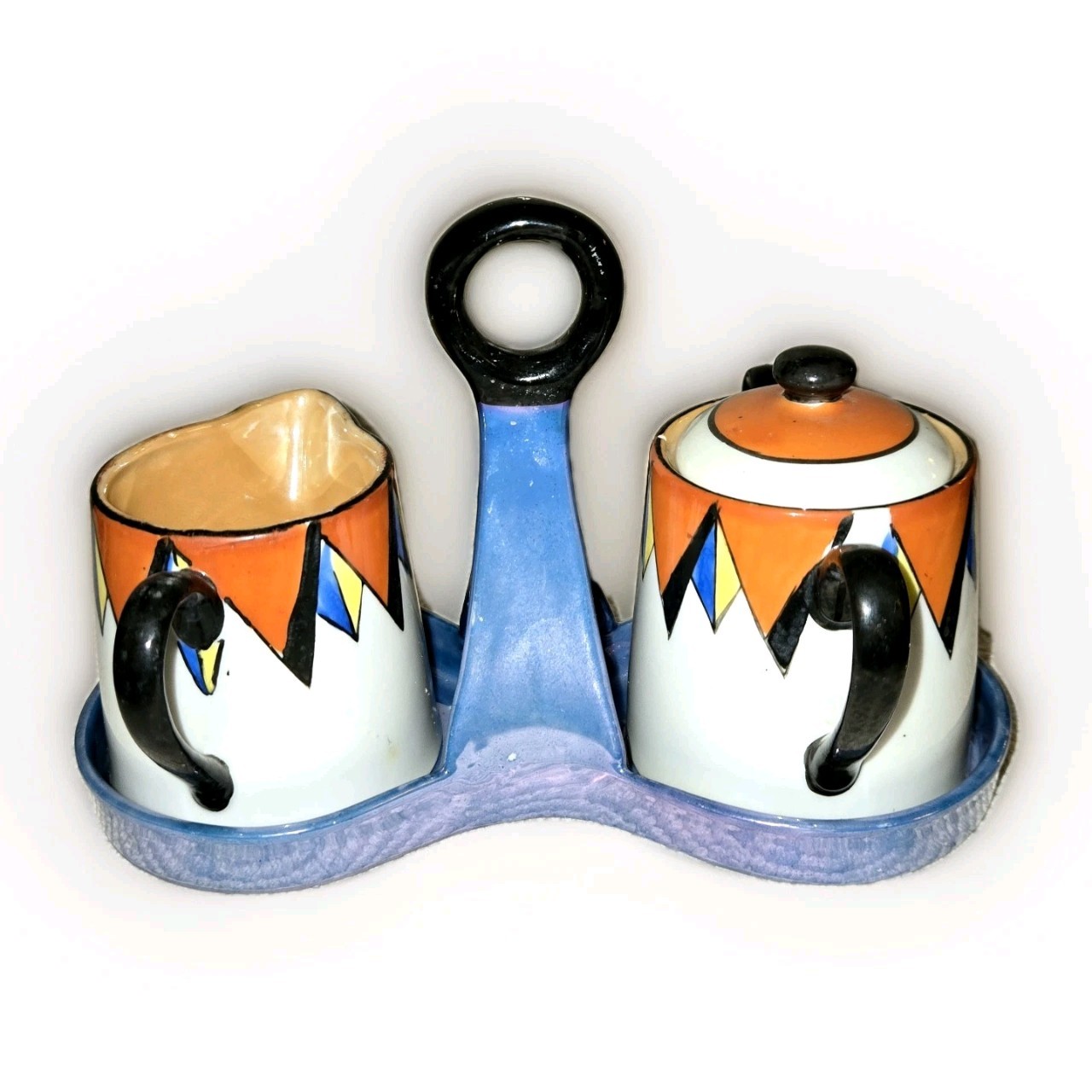 Art Deco Lusterware Creamer Sugar Lid & Caddy 4 Piece Set Triangles JAPAN