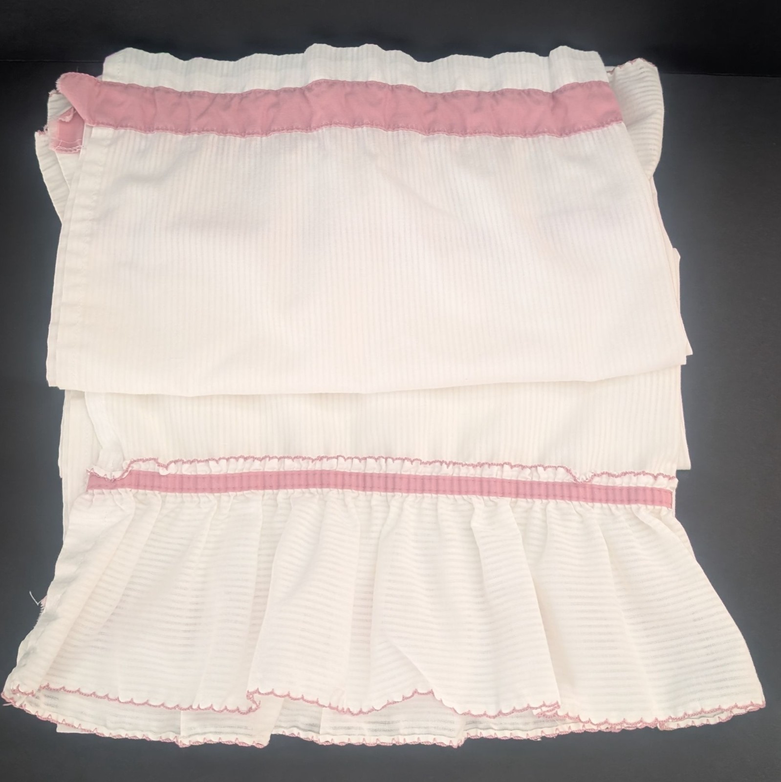 Vintage White Cafe Curtain 2 Panels With Mauve Pink Ruffle Trim & Rod Pocket
