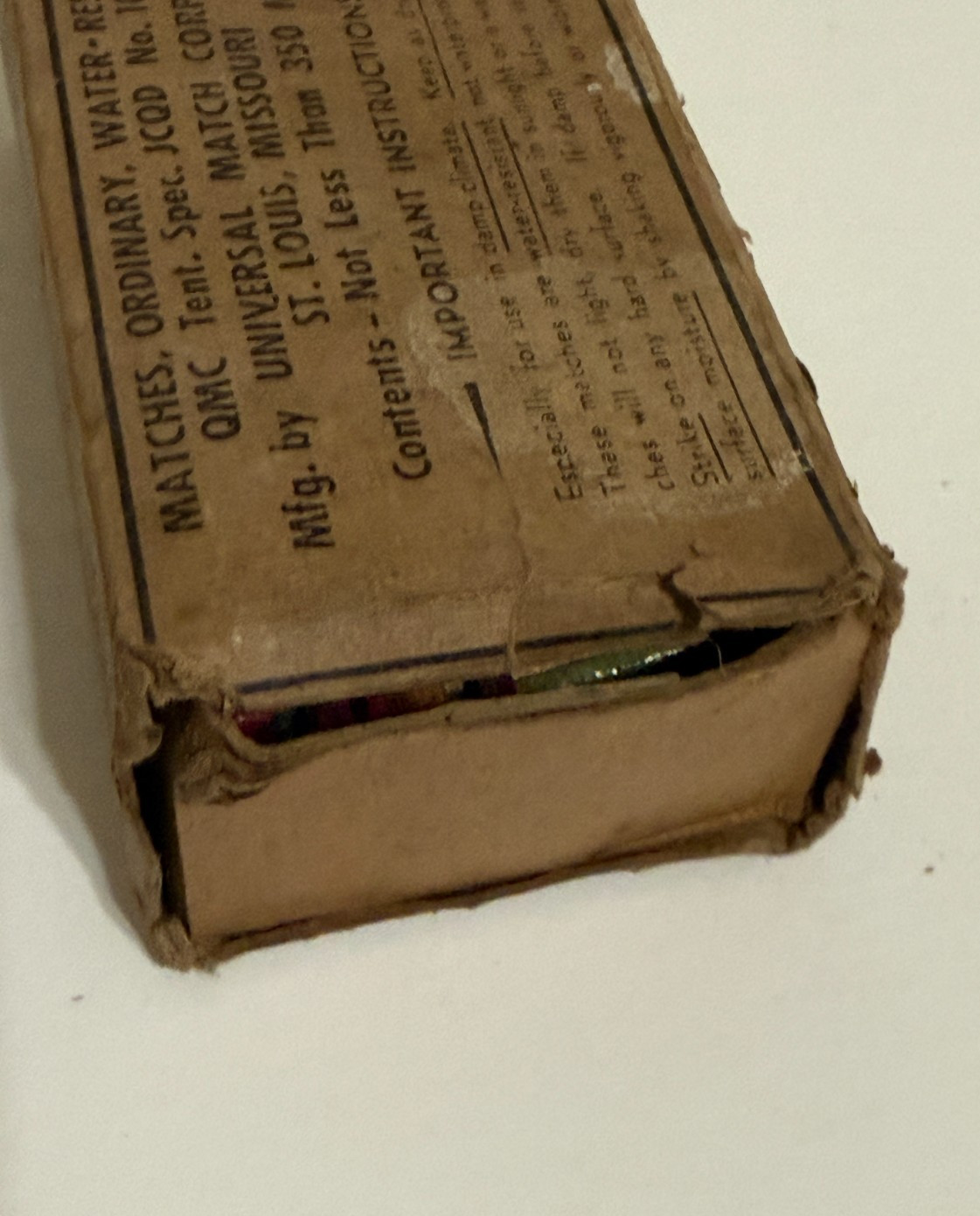 WWII Water-Resistant Universal Matches QMC Tent No. 1007, Box of