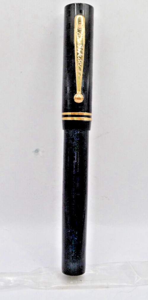 Eclipse Vintage Black Chased Flat Top Fountain Pen–l4k fine–restored