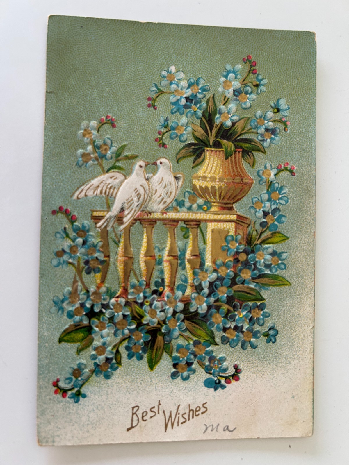 Best Wishes Two White Birds Doves Blue Flowers Vintage Postcard