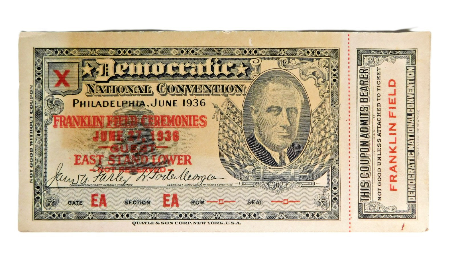1936 Democratic National Convention Ticket W/Stub Attached Roosevelt FDR