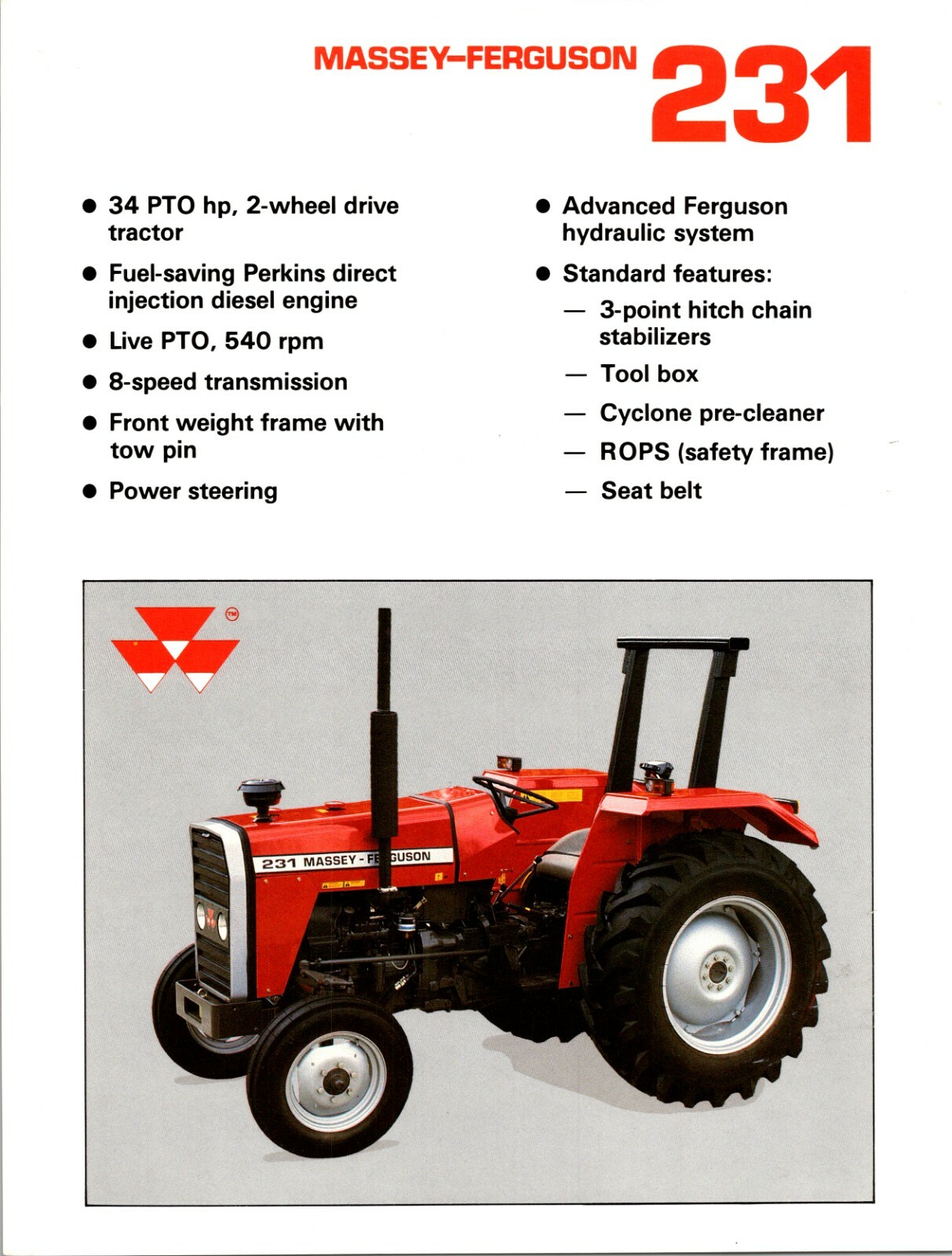 One(1) Massey Ferguson MF 231 Tractor Dealer Sales Specifications Brochure
