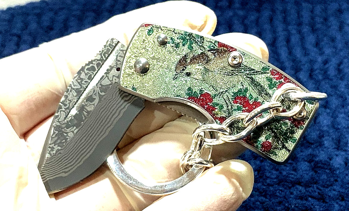G. Sakai Little Bird Design San Mai Damascus Money Clip Sterling Silver Keychain