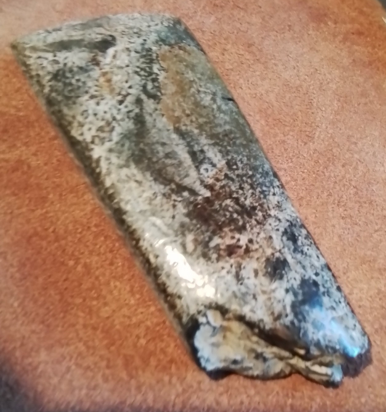 Old CHINA Carved JADE AXE HEAD Sm 89mm /3.5″L Brown & Gray, VG 1.4″ / 35mm Bit