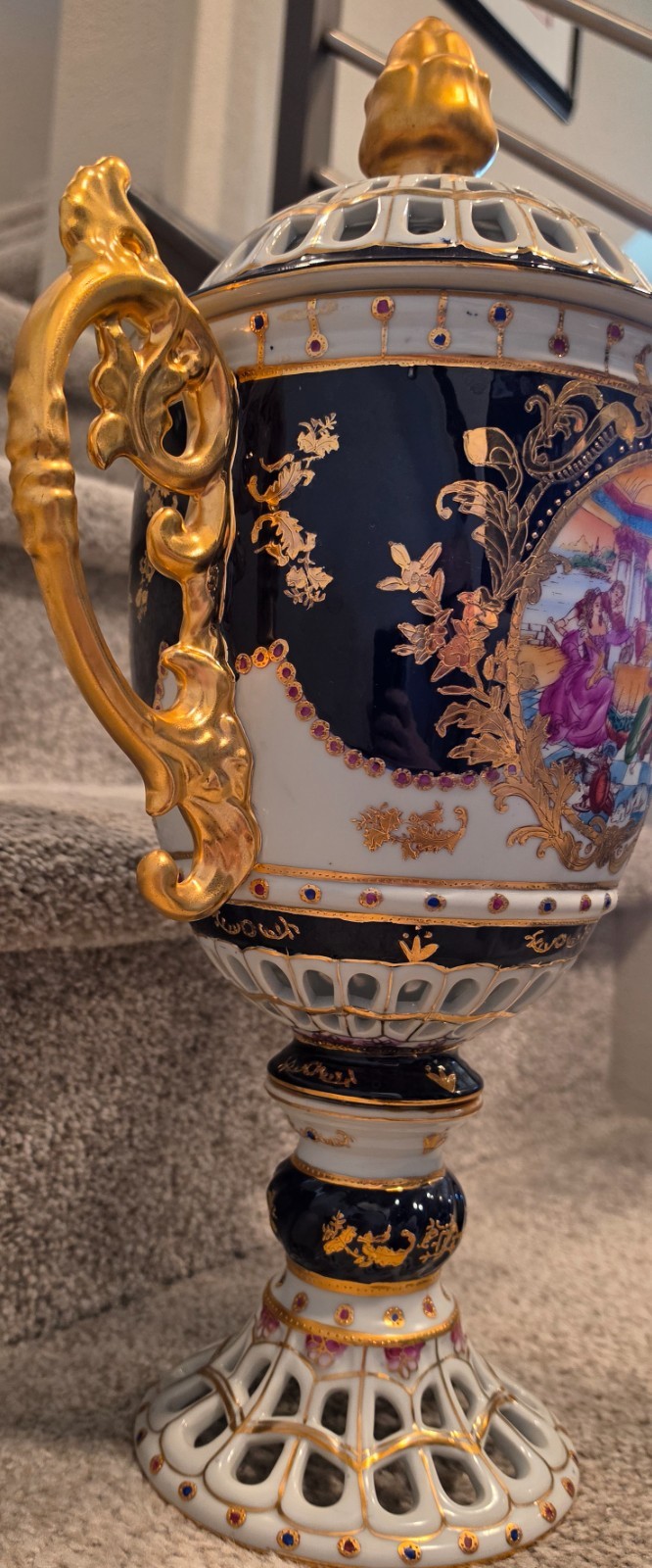 Mid-Late 20th Century Sevres-Style Reticulated Porcelain Urn 18 In.