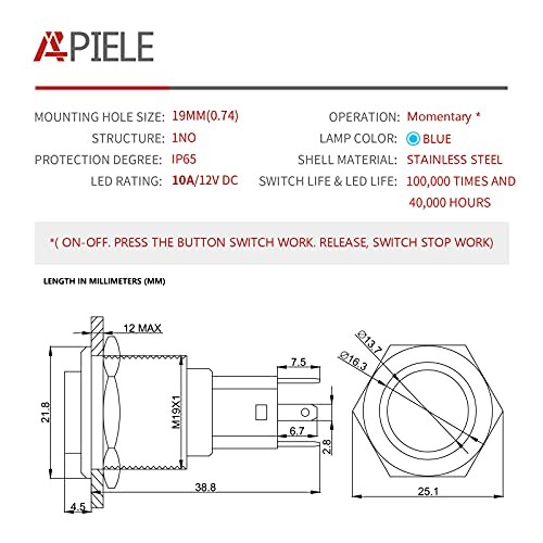 19mm Momentary Push Button Switch, 10A 1NO Stainless 12-24V LED High Round