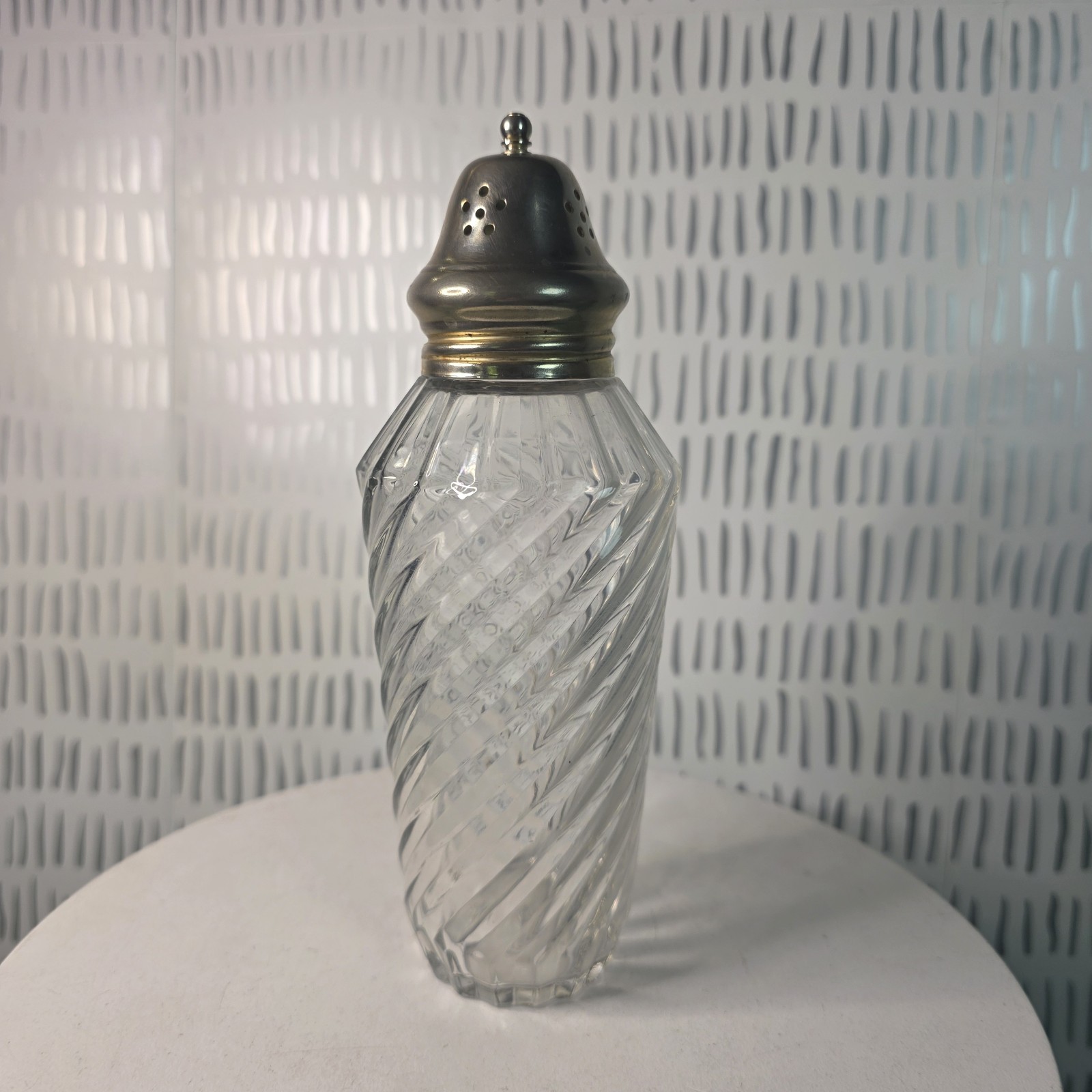 Vintage Clear Glass Sugar Shaker Swirl Diamond Pattern Metal Lid