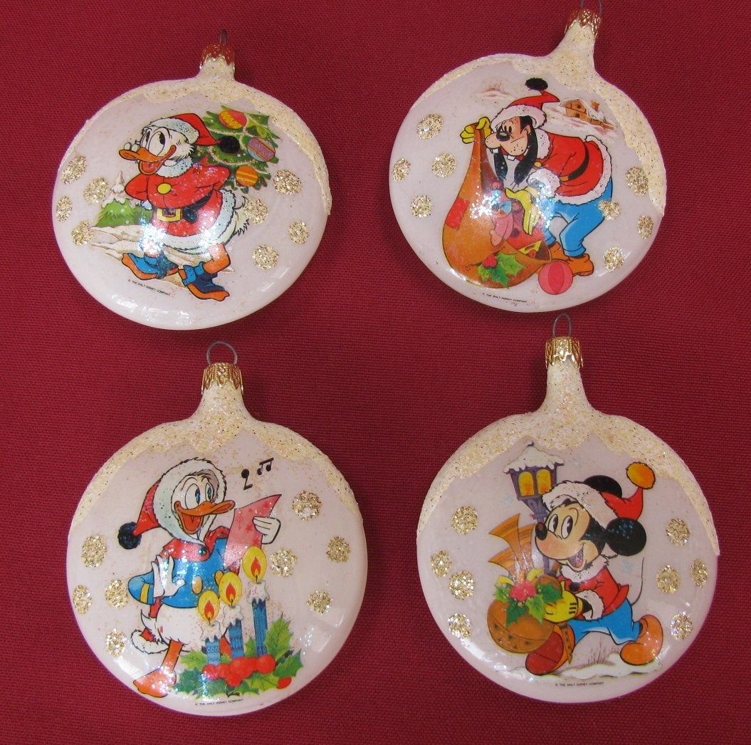 Vintage Walt Disney Set of 4 Glass Round Flat Ornaments Mickey Donald and Goofy