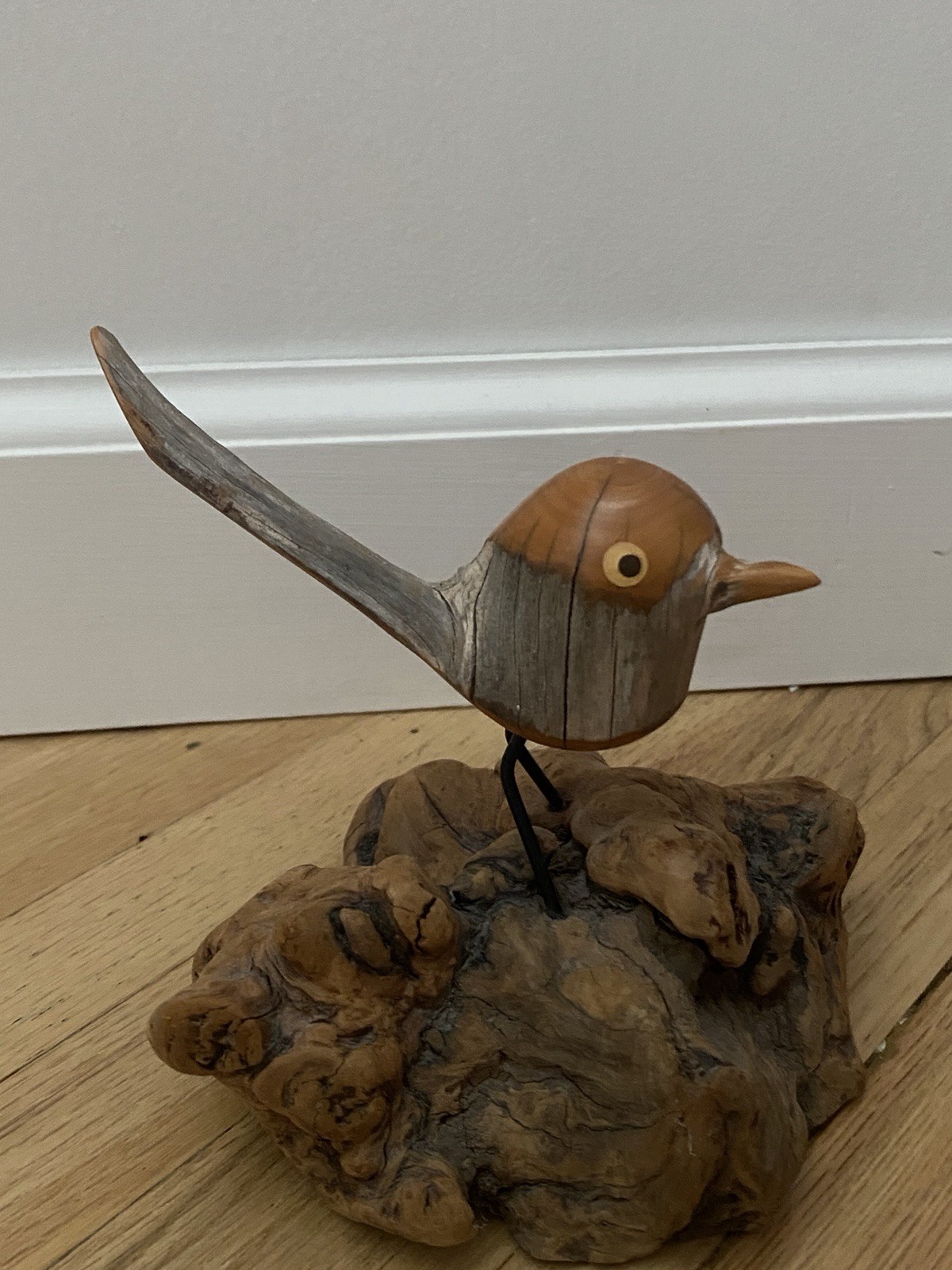 Vintage Dave Hughes Carved Driftwood Bird Sculpture Folk Art Wood Base Signed