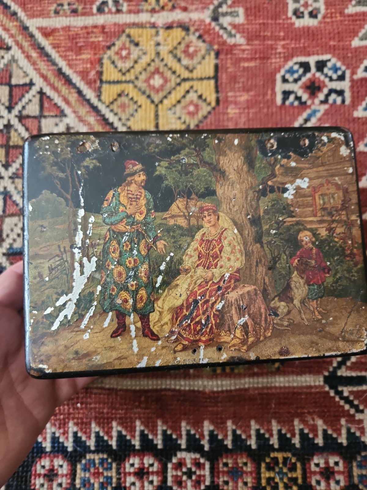 Early-Mid 20th Century Russian Hand-Painted Paper Mache Lacquer Box 6″ Box