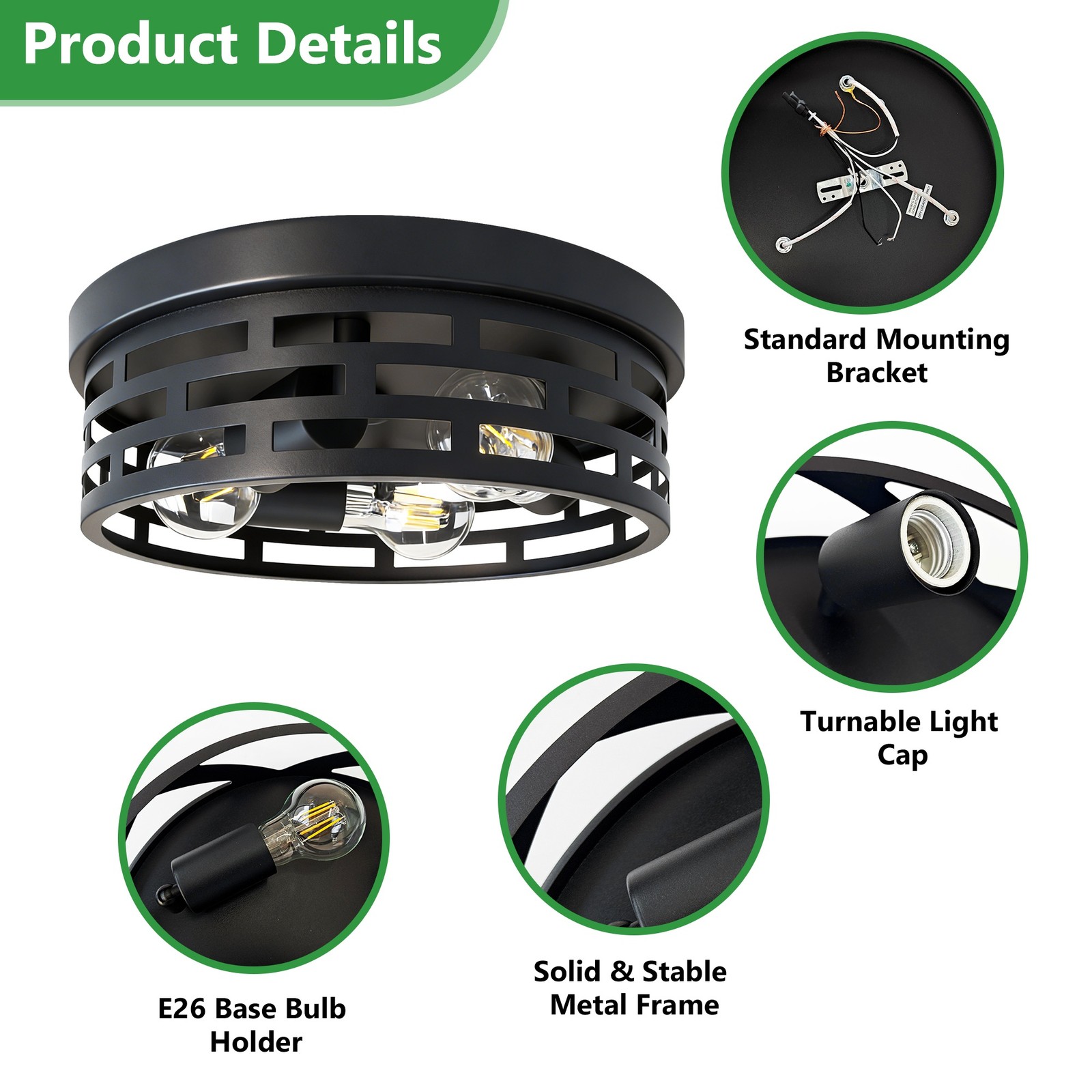 2-Pack 12.6″ Black Flush Mount Ceiling Light for Bedroom Kitchen Living Room
