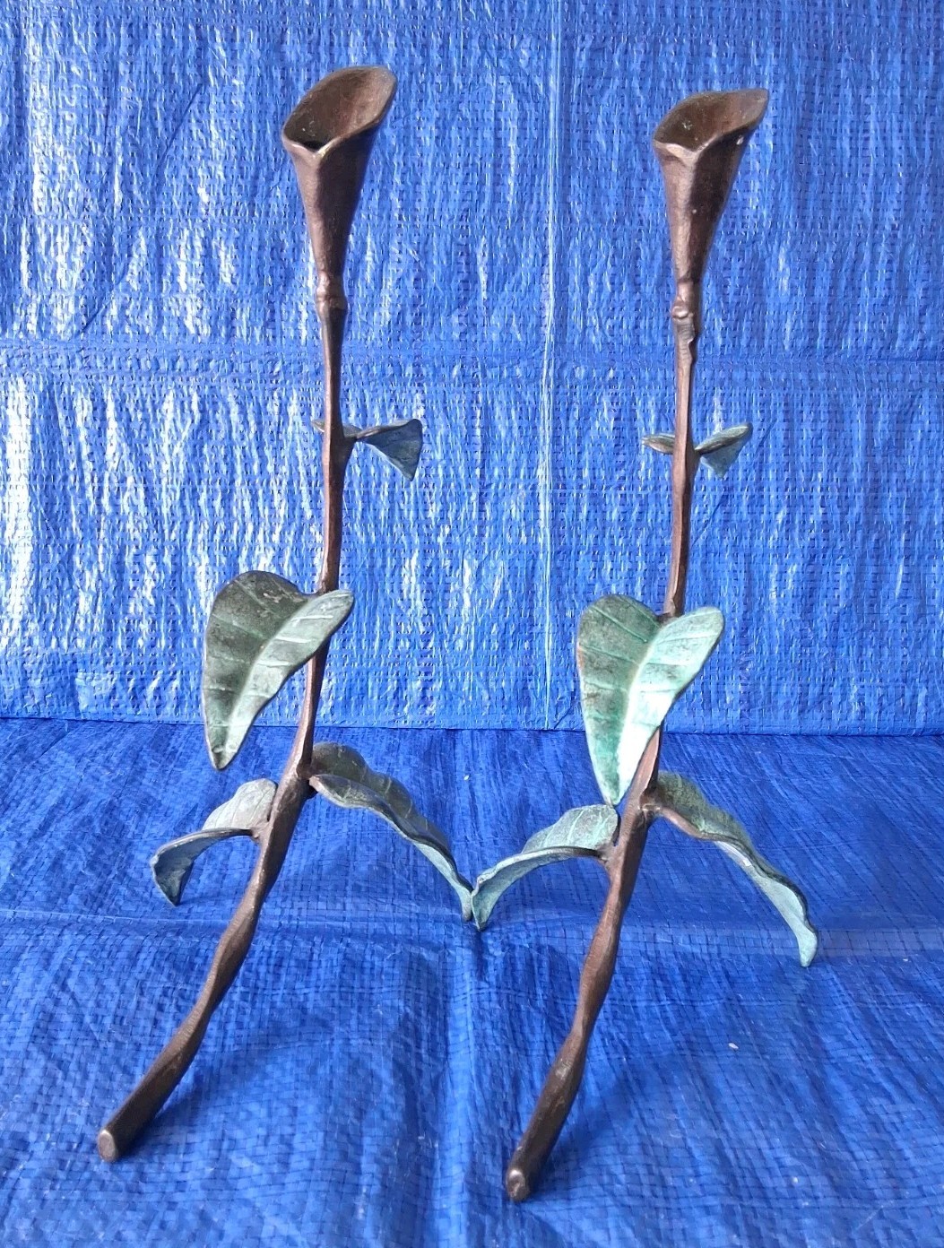 2 x Vintage CALLA LILLY WROUGHT IRON BRASS 13” TALL CANDLESTICK HOLDERS