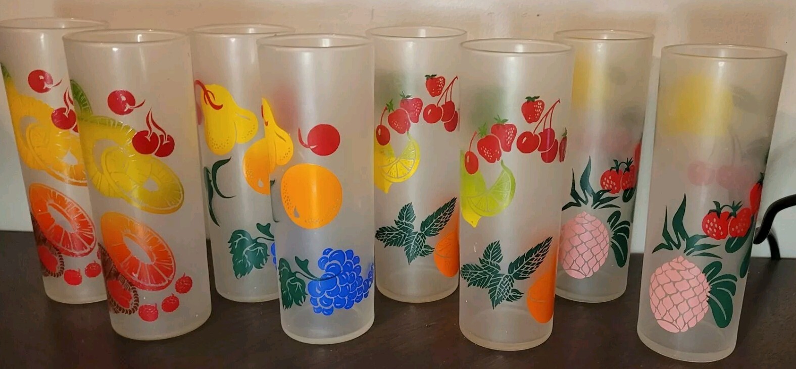 VTG Federal Glass Co Set Of 8 Rainbow Fruit Frosted Tom Collins Bar Glasses