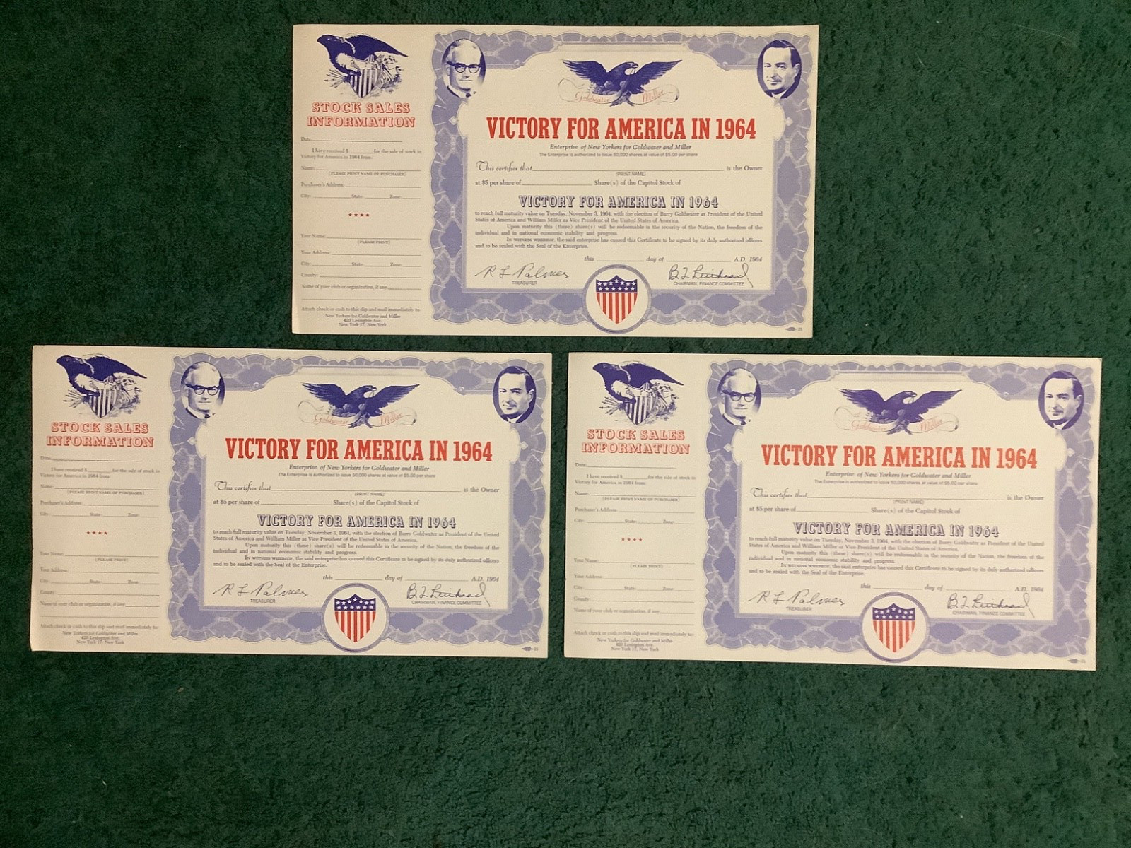 (3) Barry Goldwater & Wm. Miller Victory for America in 1964 Stock Certificates
