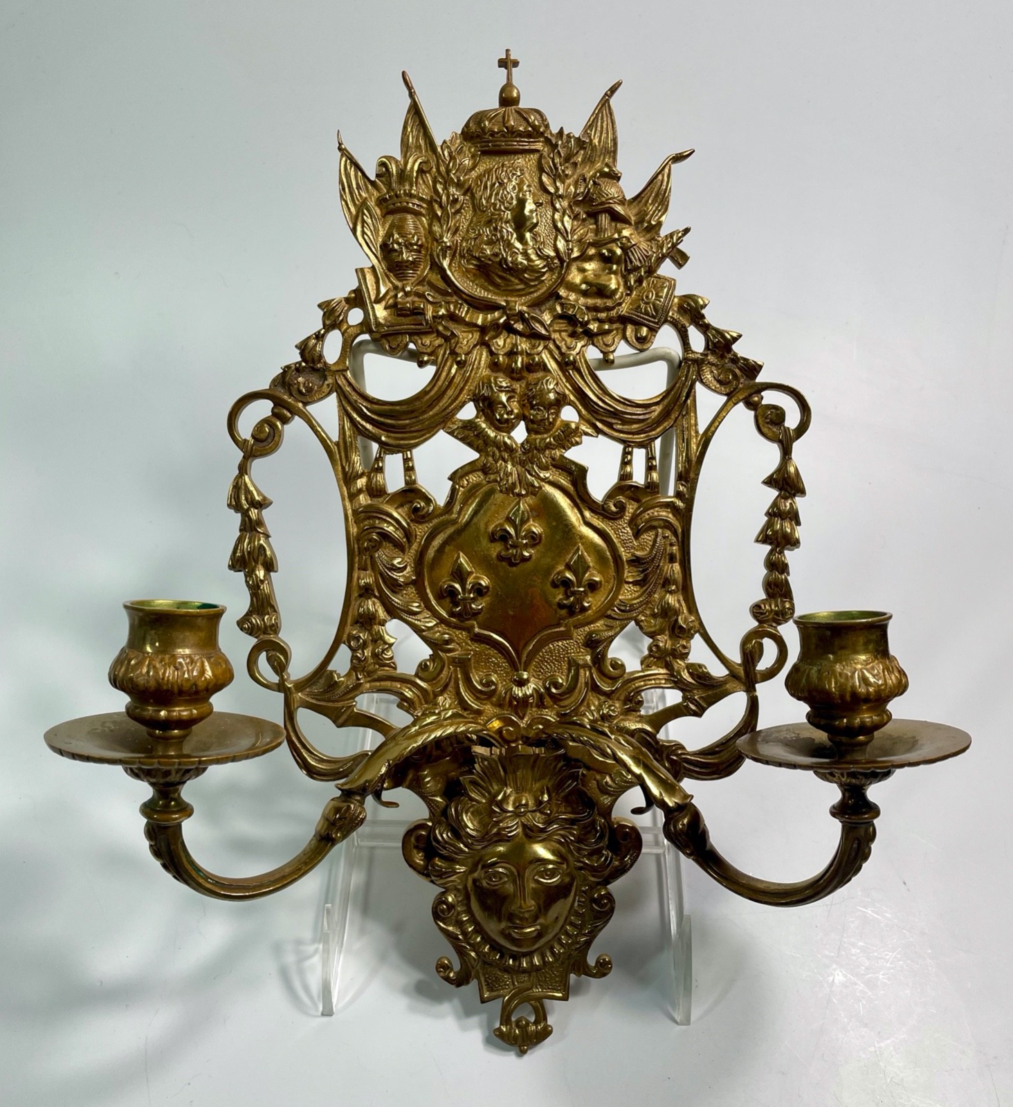 Antique Gilt Bronze/Brass Napoleon III 2-Light Wall Sconce Ornate French VB Mark