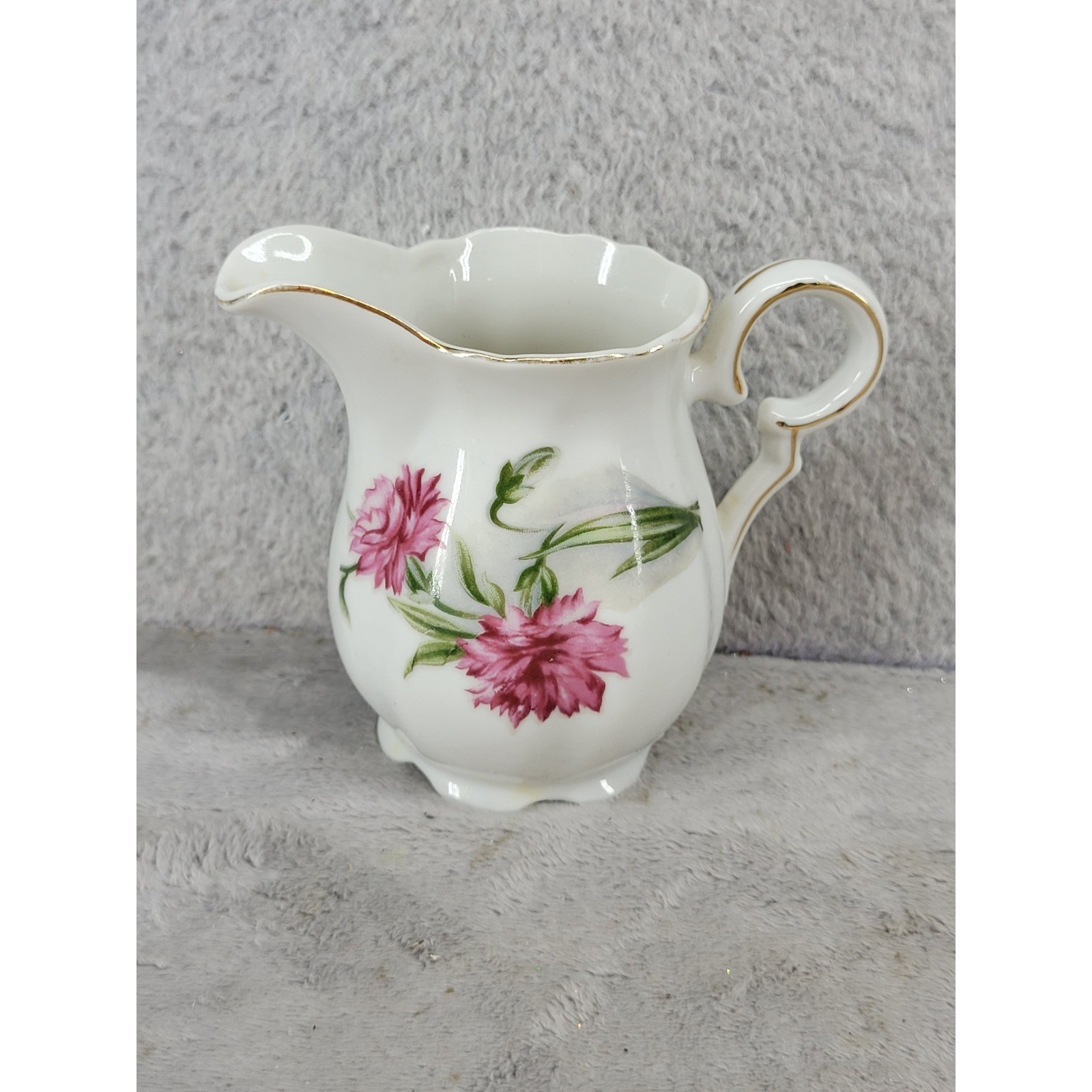 Vintage Porcelain Creamer Pitcher Pink Floral Carnations Gold Trim E2377 4 Inch
