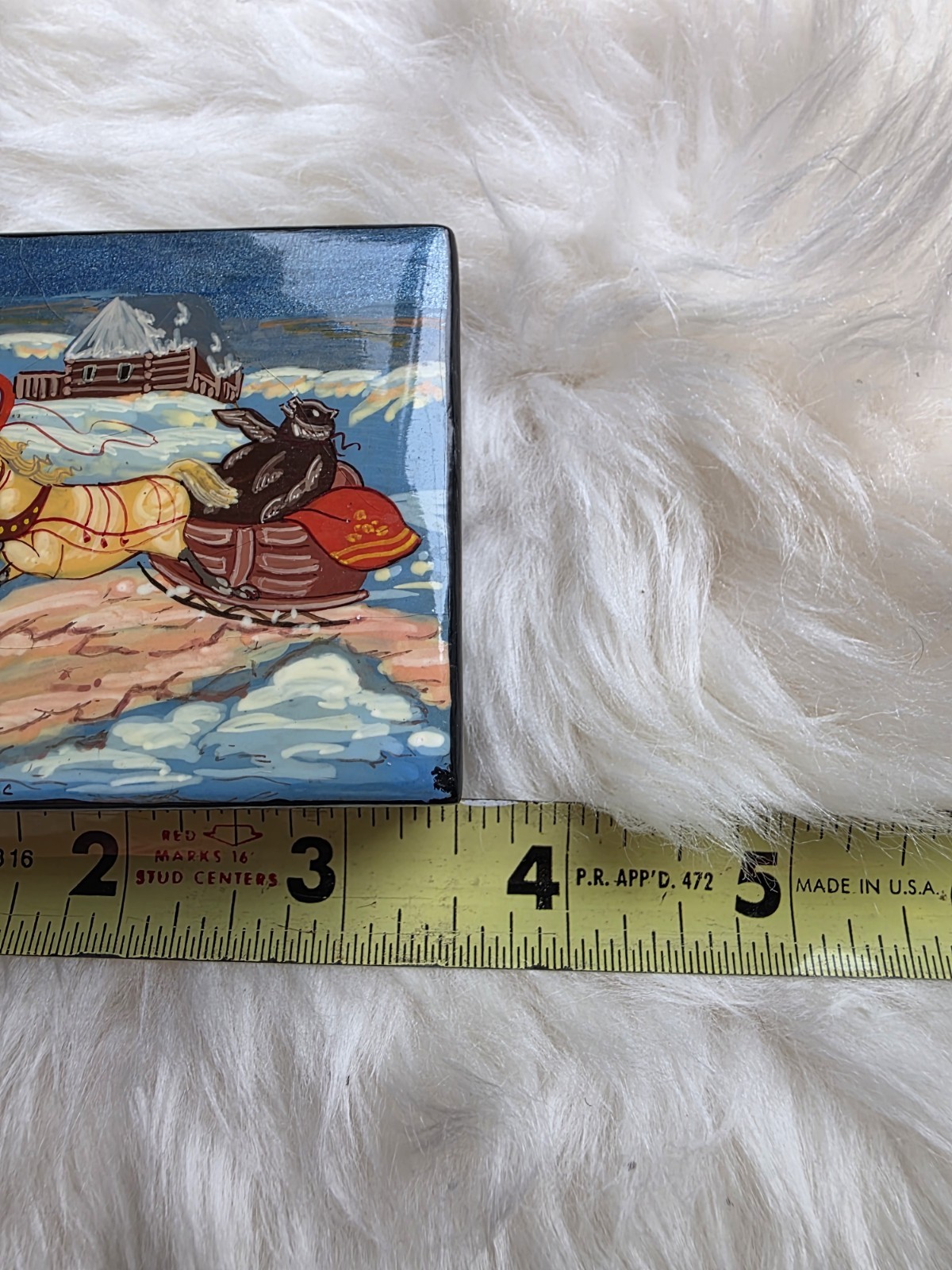 VINTAGE Russian lacquer box HORSES EQUESTRIAN BLUE BLACK RED #5