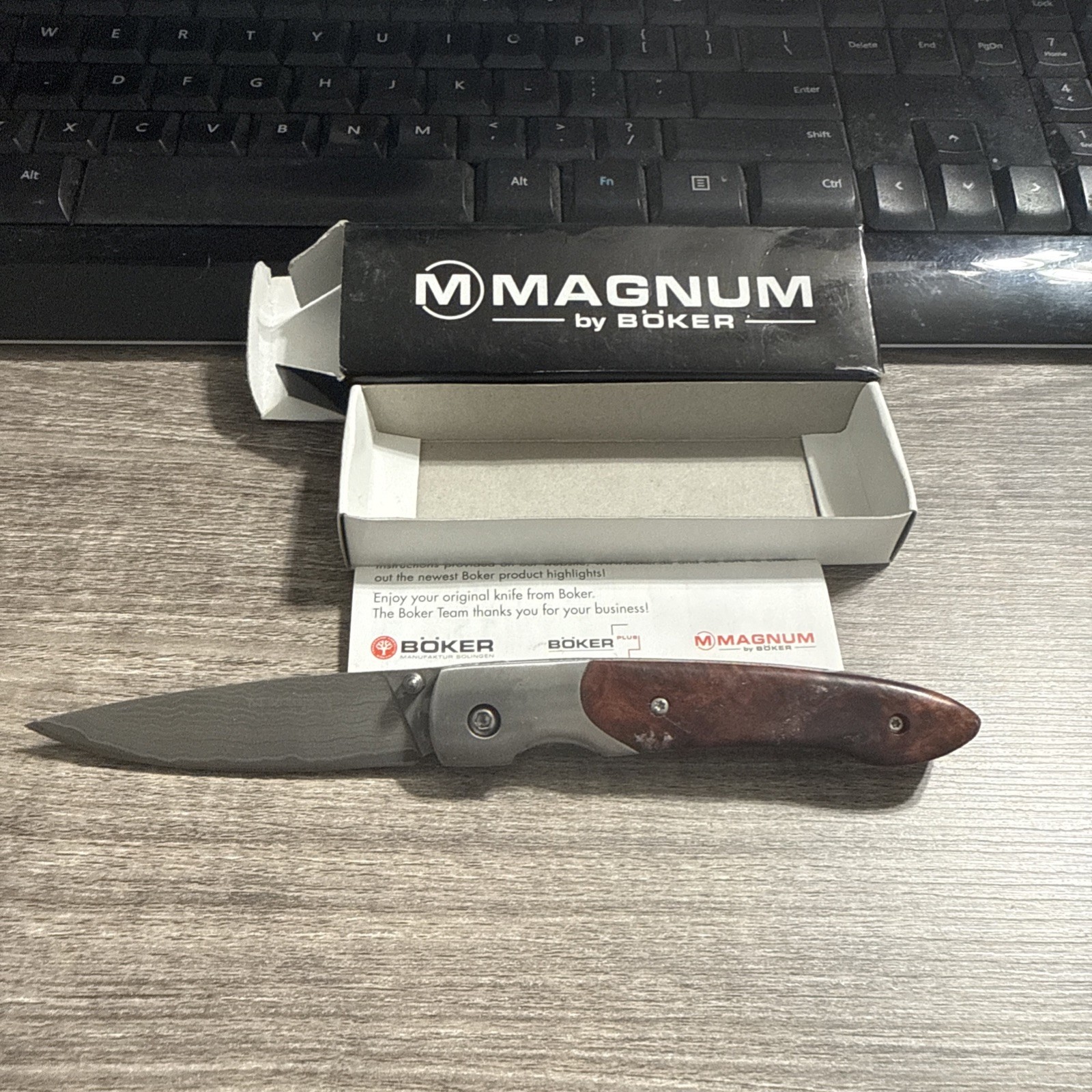 Magnum by Böker Damascus Steel Wood Metal Handle Folding Pocketknife, Drop Point