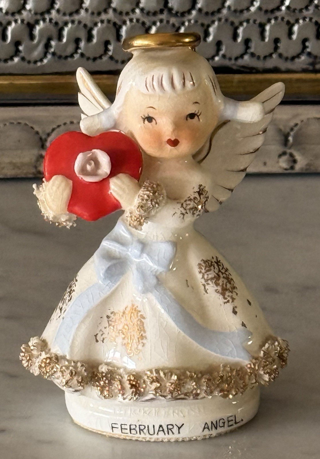 Vintage MCM Lefton’s February Angel w/ Spaghetti Trim, Halo, & Heart AR1987