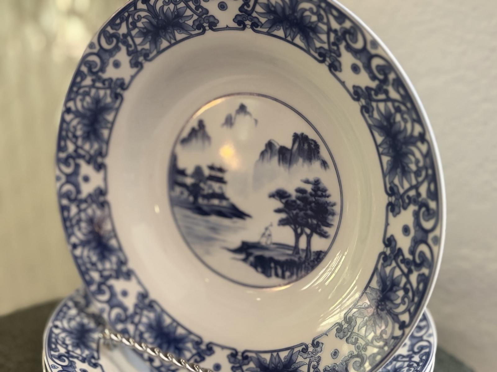 China Canton Blue Coupe Soup Bowls Mountain View 8″ Discontinued Set of 3 c95