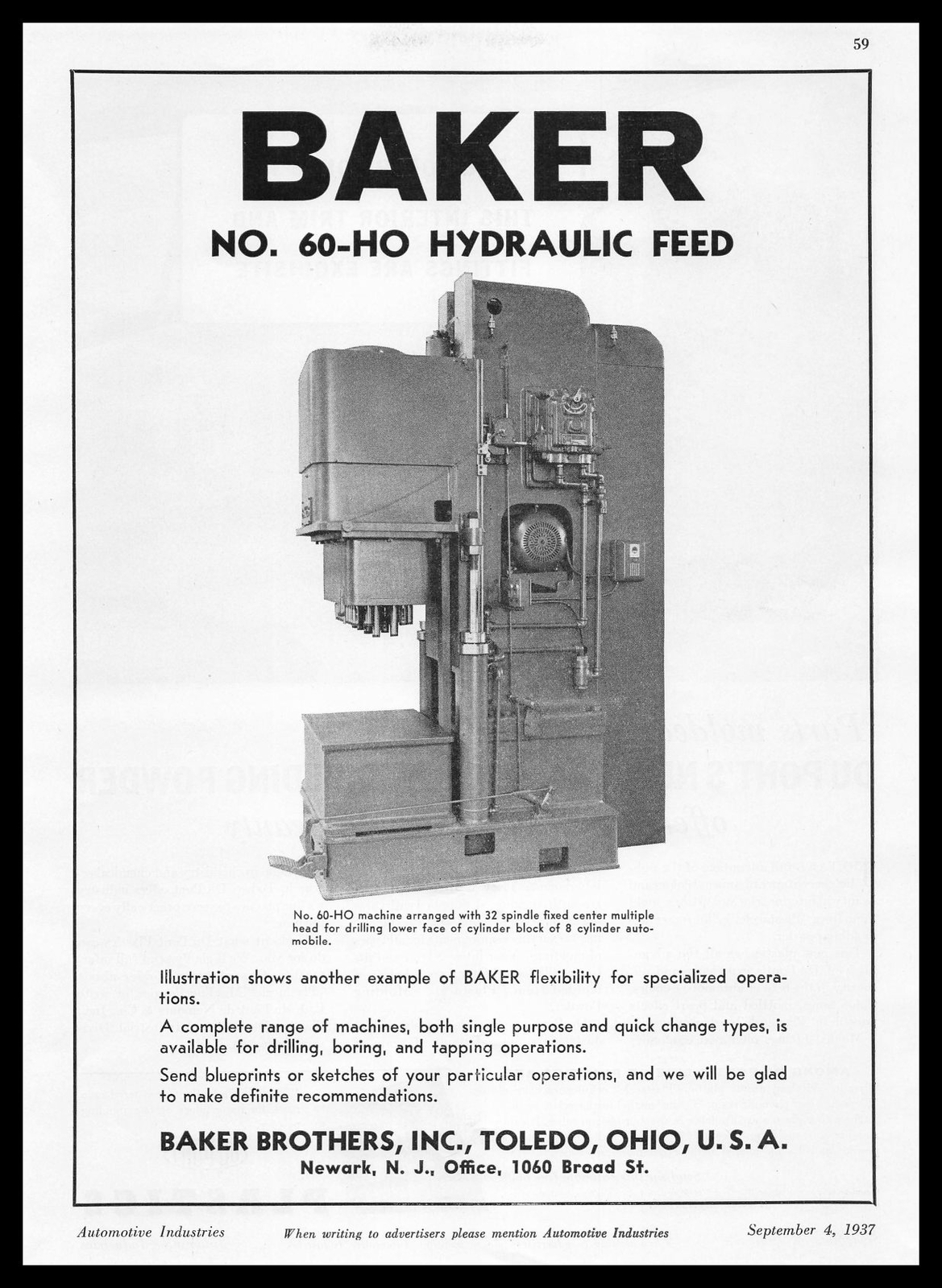1937 Baker Brothers Inc Toledo Ohio No. 60-HO Hydraulic Feed Vintage Print Ad