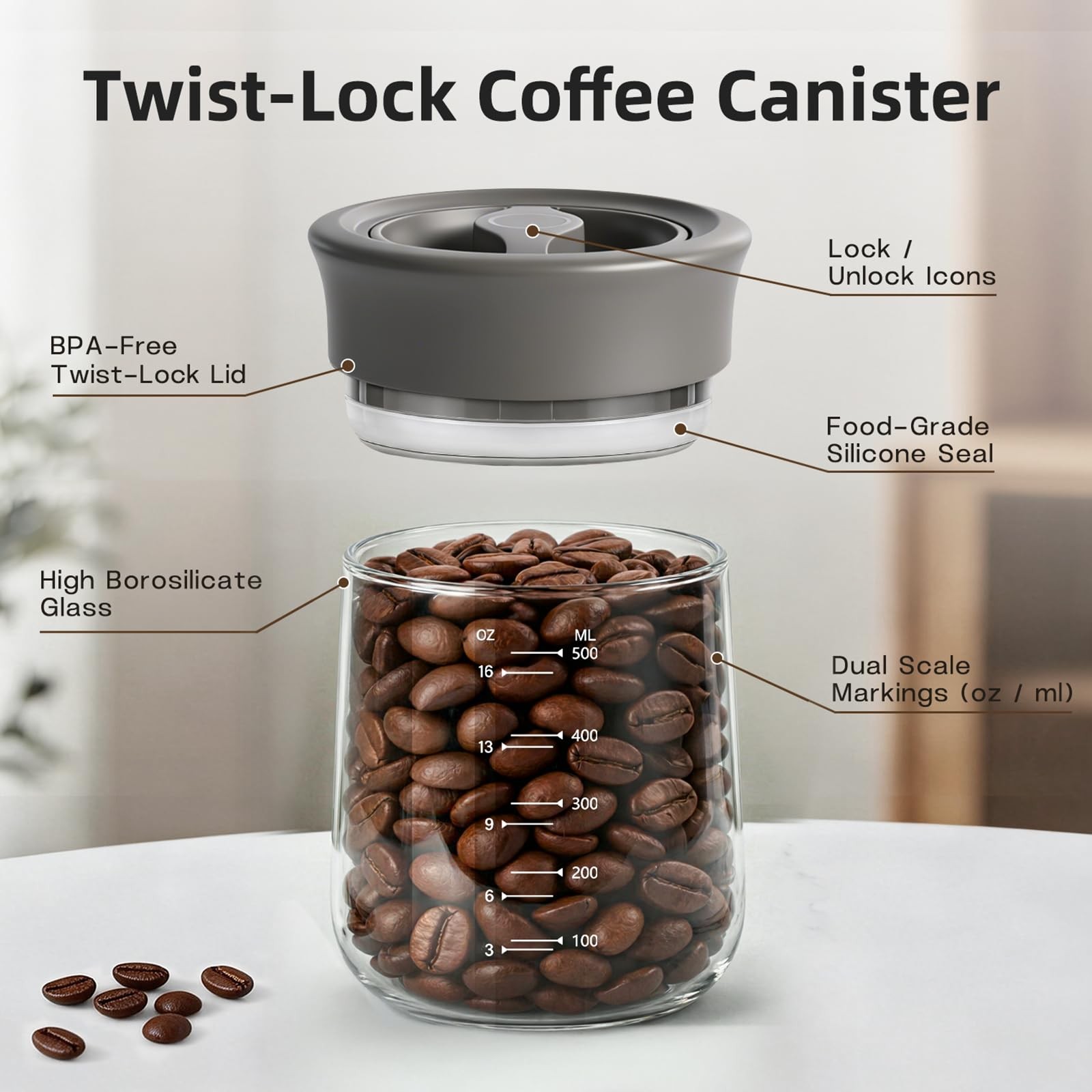 lilarofu Coffee Canister, Glass Jars with Airtight Lid, 16.9 fl.oz, Gray
