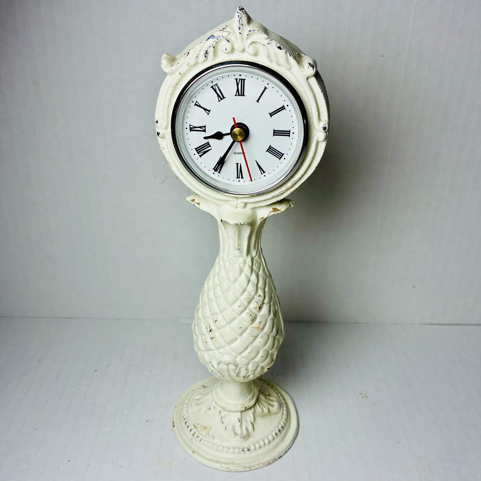 Vintage Distressed White Cast Iron Mantle Clock Pineapple Cottage French Country