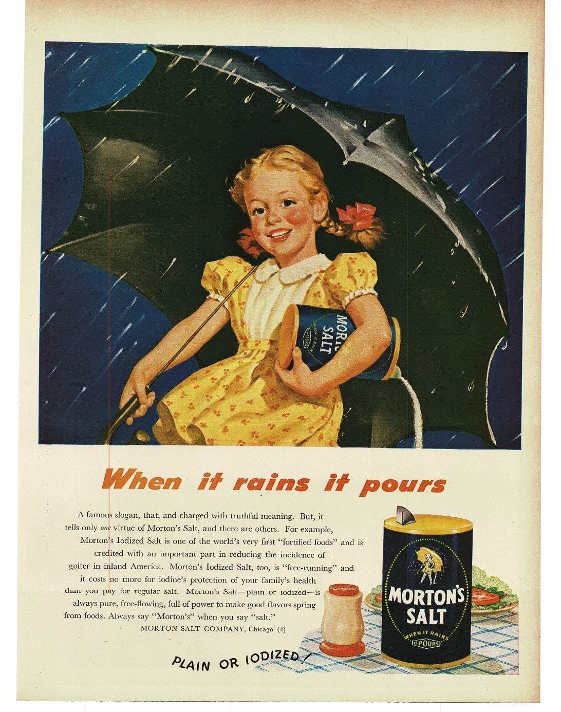 1946 Morton’s Salt Mascot Girl with umbrella Sarah Peldon Vintage Print Ad
