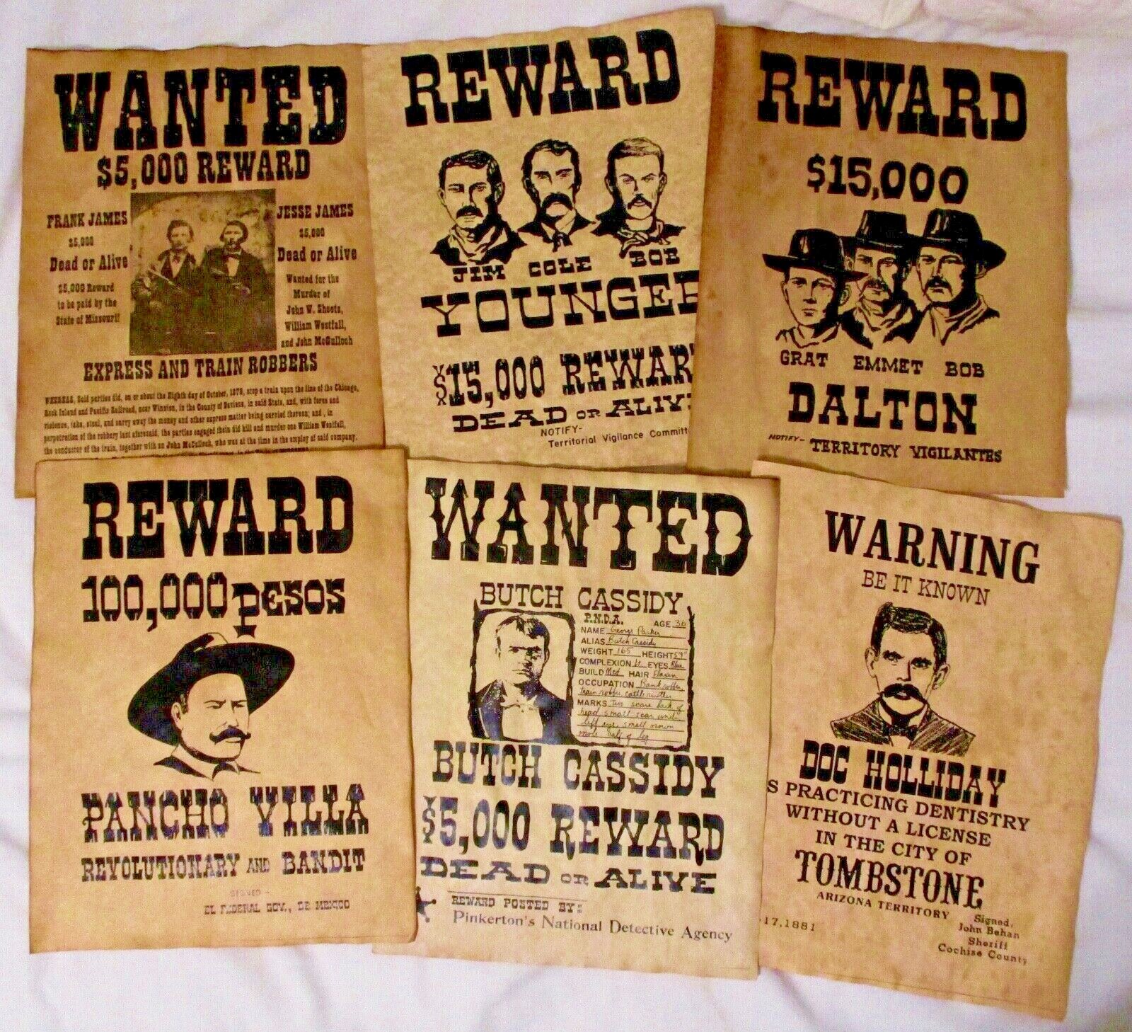 Pancho Villa Old West Wanted Posters Doc Holliday Jesse James Youngers Daltons