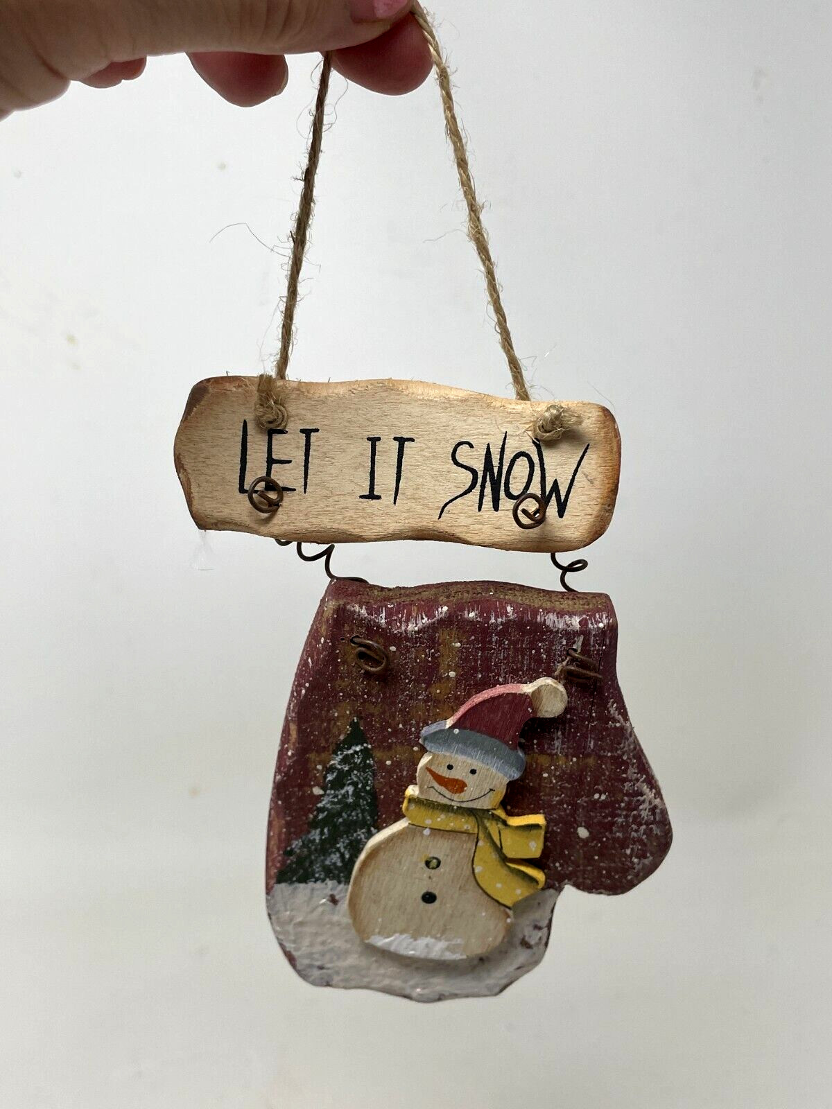 Let It Snow Wood Mitten Wall Hanging Snowman Ornament 7.5in Handmade Folk Art